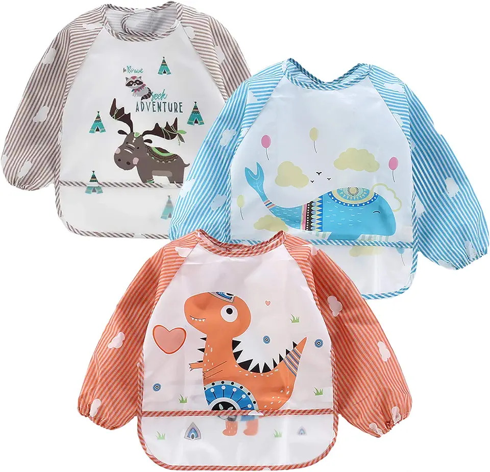 3 Pack Waterproof Full Long Sleeve Baby Bibs, Washable Feeding Bib for Infant Toddler Kids, Suitable for 6-36 Months
