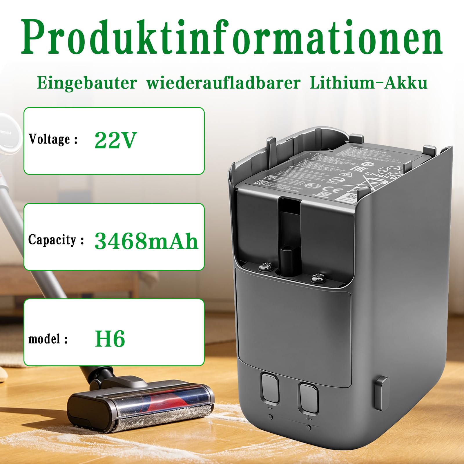 Akku 3468mAh Ersatzakku für Roborock H6 H7 Akku-Staubsauger, Kompatibel mit H6M1A H7M1A R200001 9.02.0211 9.02.0098, 22V