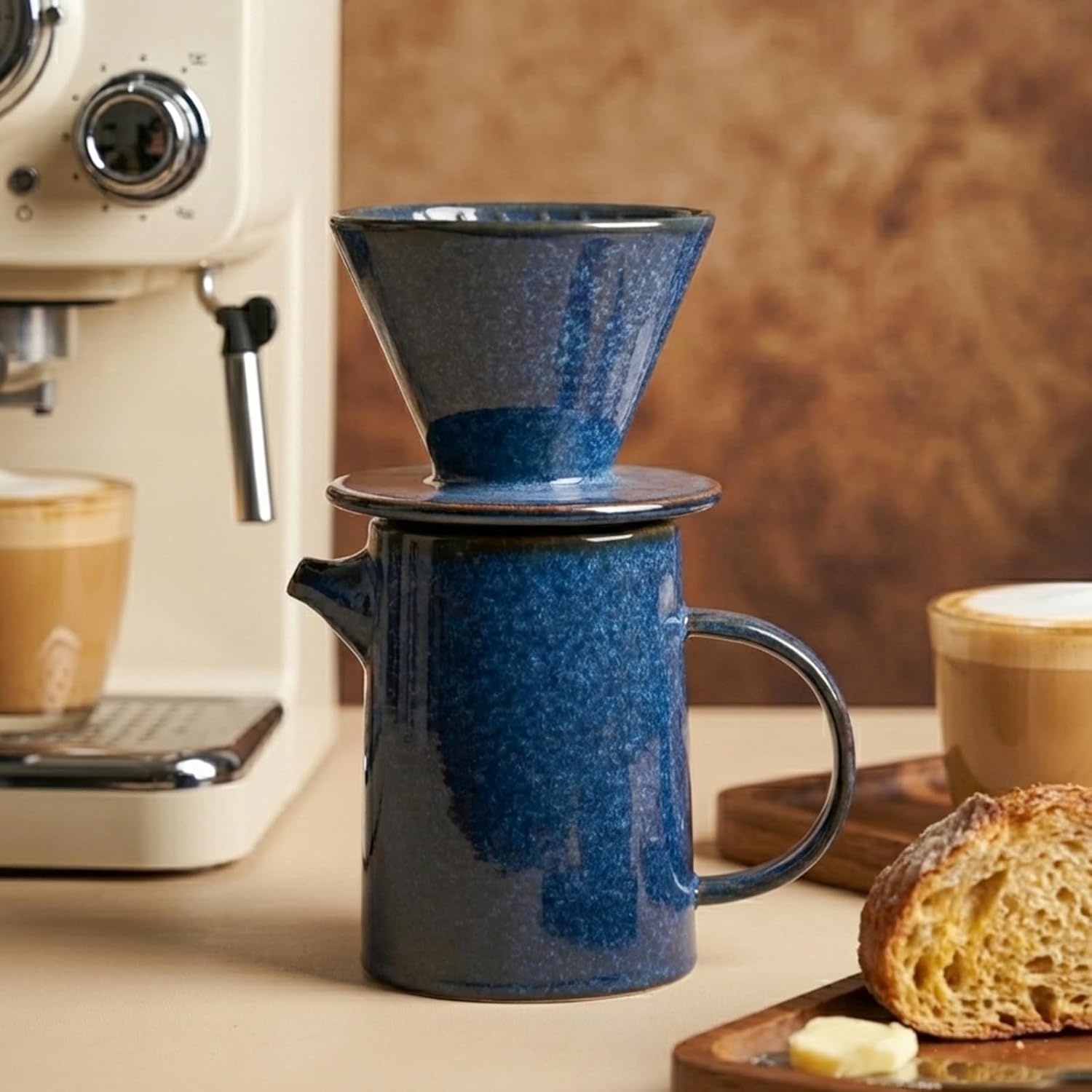 Pour Over Coffee Maker Set, Blue Vintage Coffee Maker with 20 Count Paper Coffee Filters, High Heat Ceramic Pour Over Coffee Dripper Set for Home, Restaurant, Camping Hiking, 16.5 Ounces