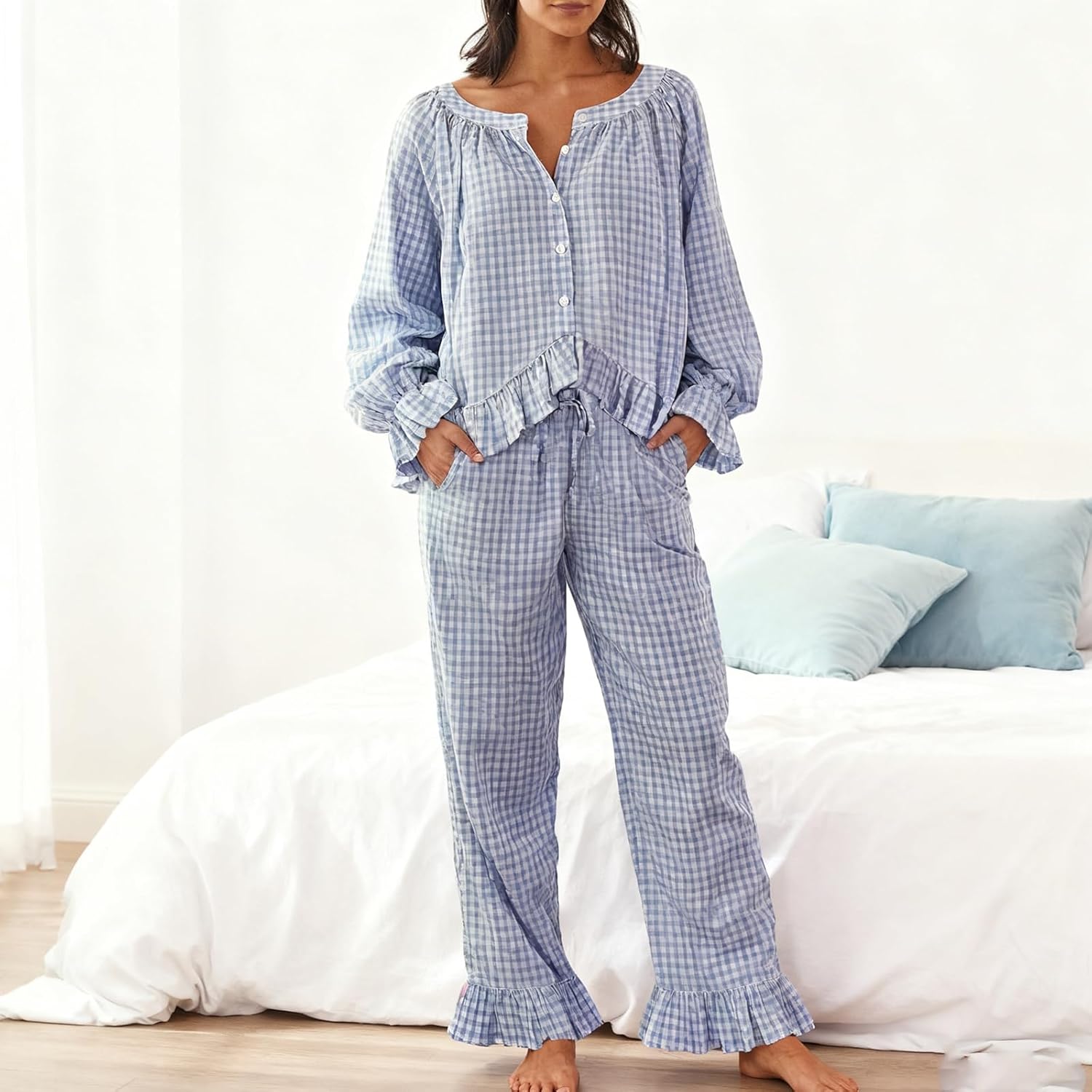 WOWULOVELY Womens Long Sleeve Gingham Pajama Set 2 Piece Plaid Cotton Babydoll Shirt and Leg Pants Cute Ruffle Pjs Set - Image 2