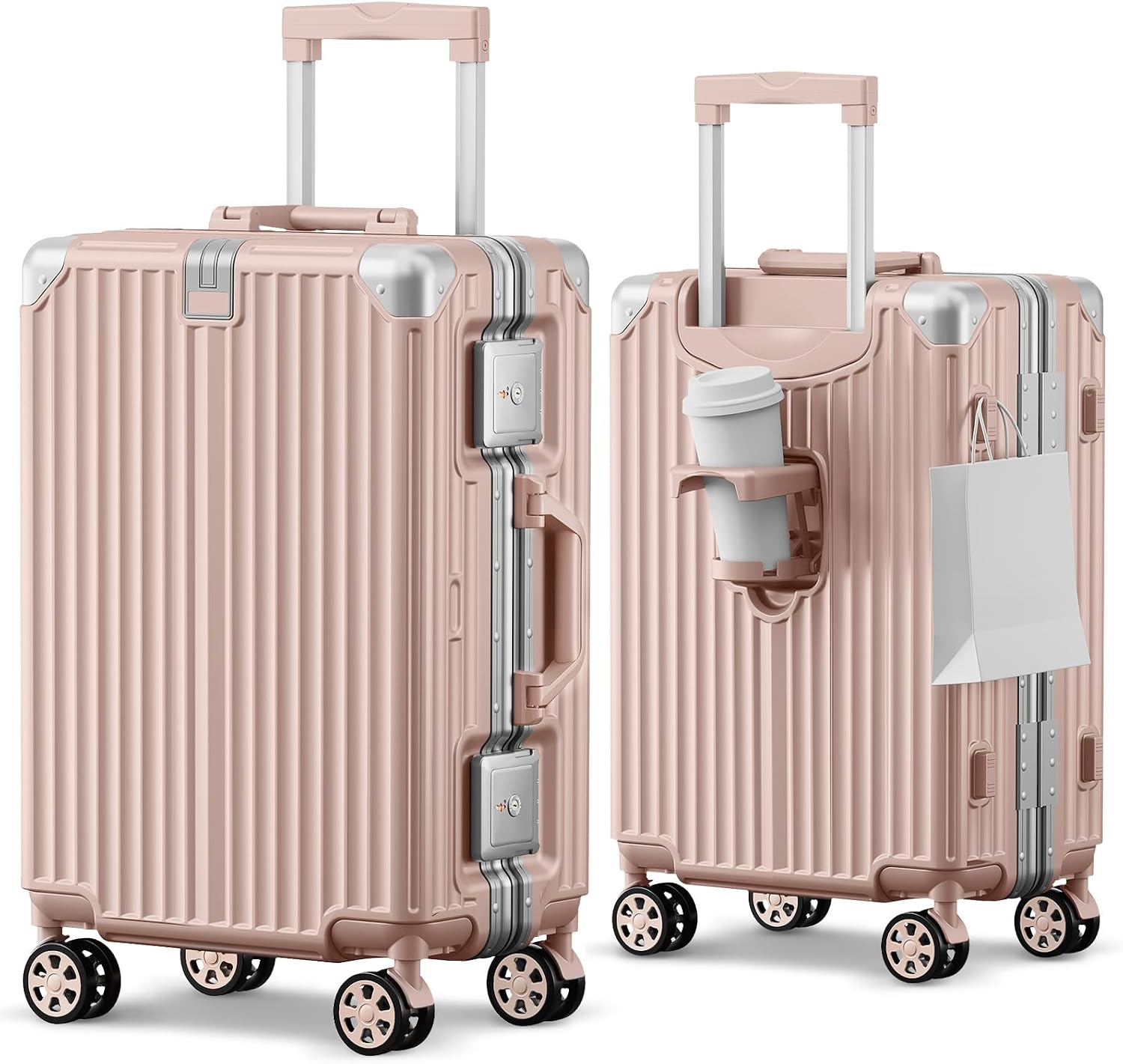 Carry on Luggage Aluminium Frame with Cup Holder, 20 Inch Zipperless Luggage with Spinner Wheels,Carry On Suitcase 22x14x9 Airline Approved for Business Travel