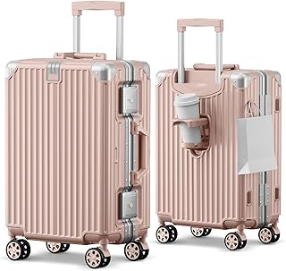 Carry on Luggage Aluminium Frame with Cup Holder, 20 Inch Zipperless Luggage with Spinner Wheels,Carry On Suitcase 22x14x9 Airline Approved for Business Travel