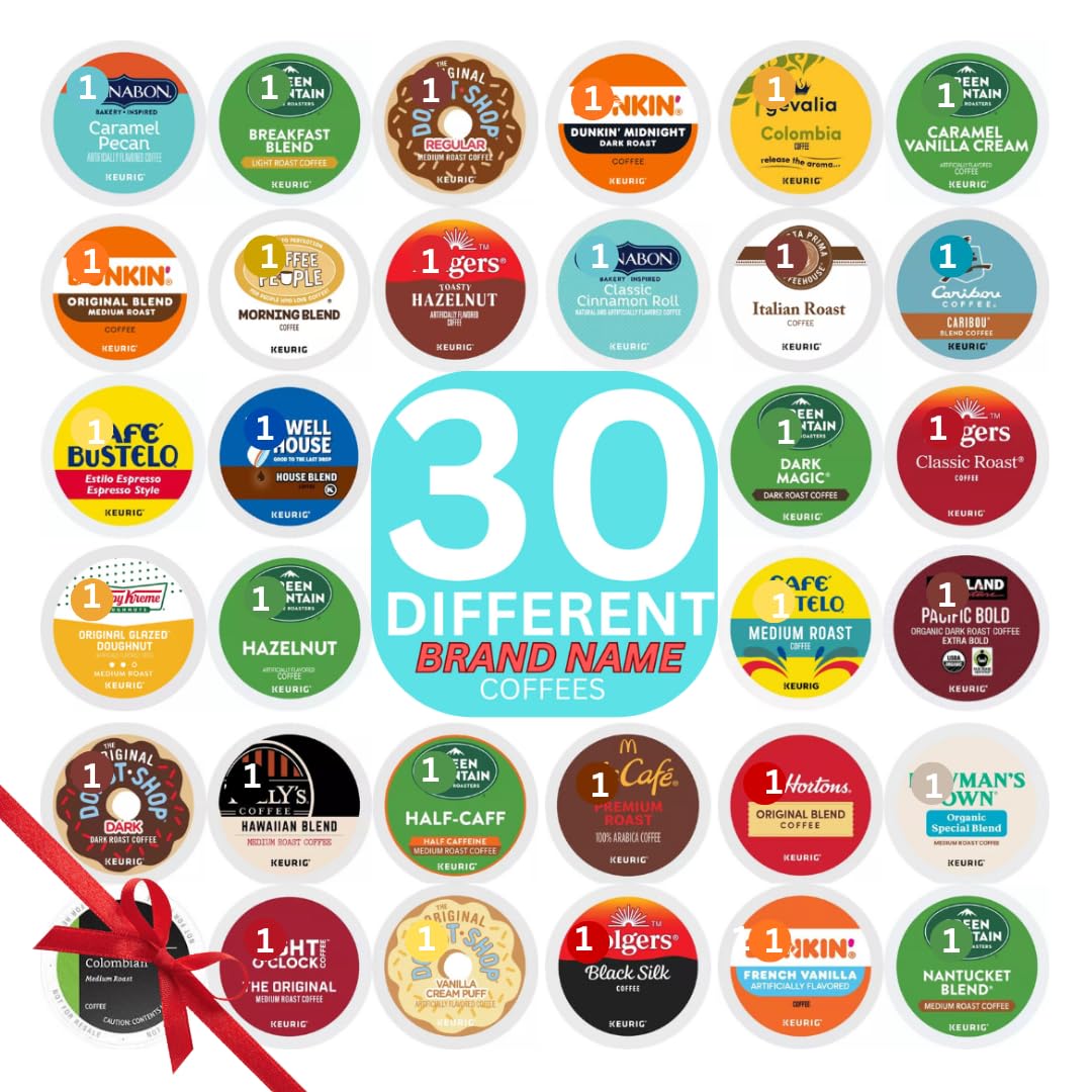 Brand Name Variety Pack Coffee Pods K Cup Sampler Flavored, Dark, Medium & light Roast. All the Top Brands and Many More—for Keurig Brewers—1 box (30 Unique Pods)