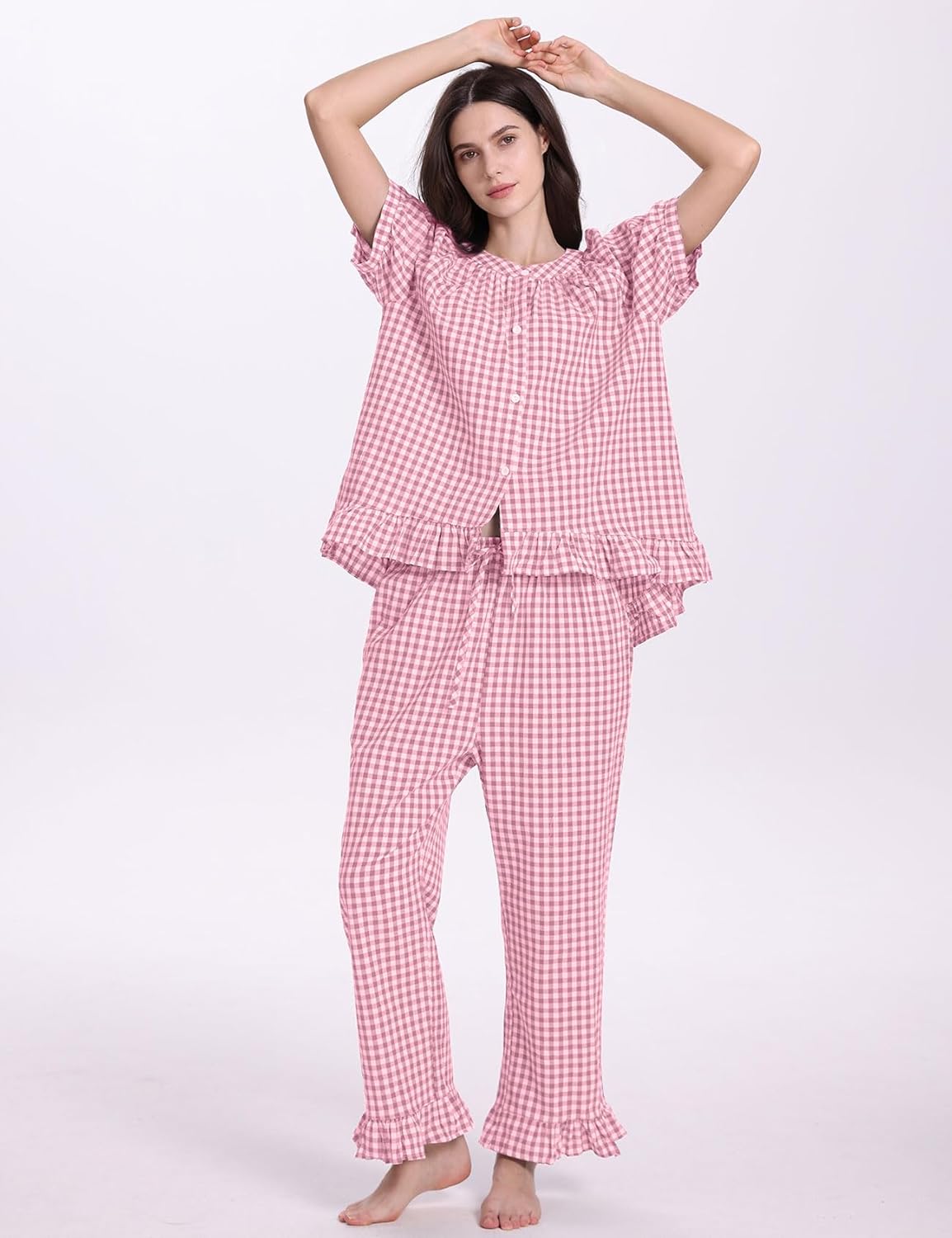 PEHMEA Womens Plaid 2 Piece Cotton Gingham Pajama Sets Short Sleeve Babydoll Shirt Ruffle Pants Y2K Lounge PJS Cute Sleepwear - Image 2