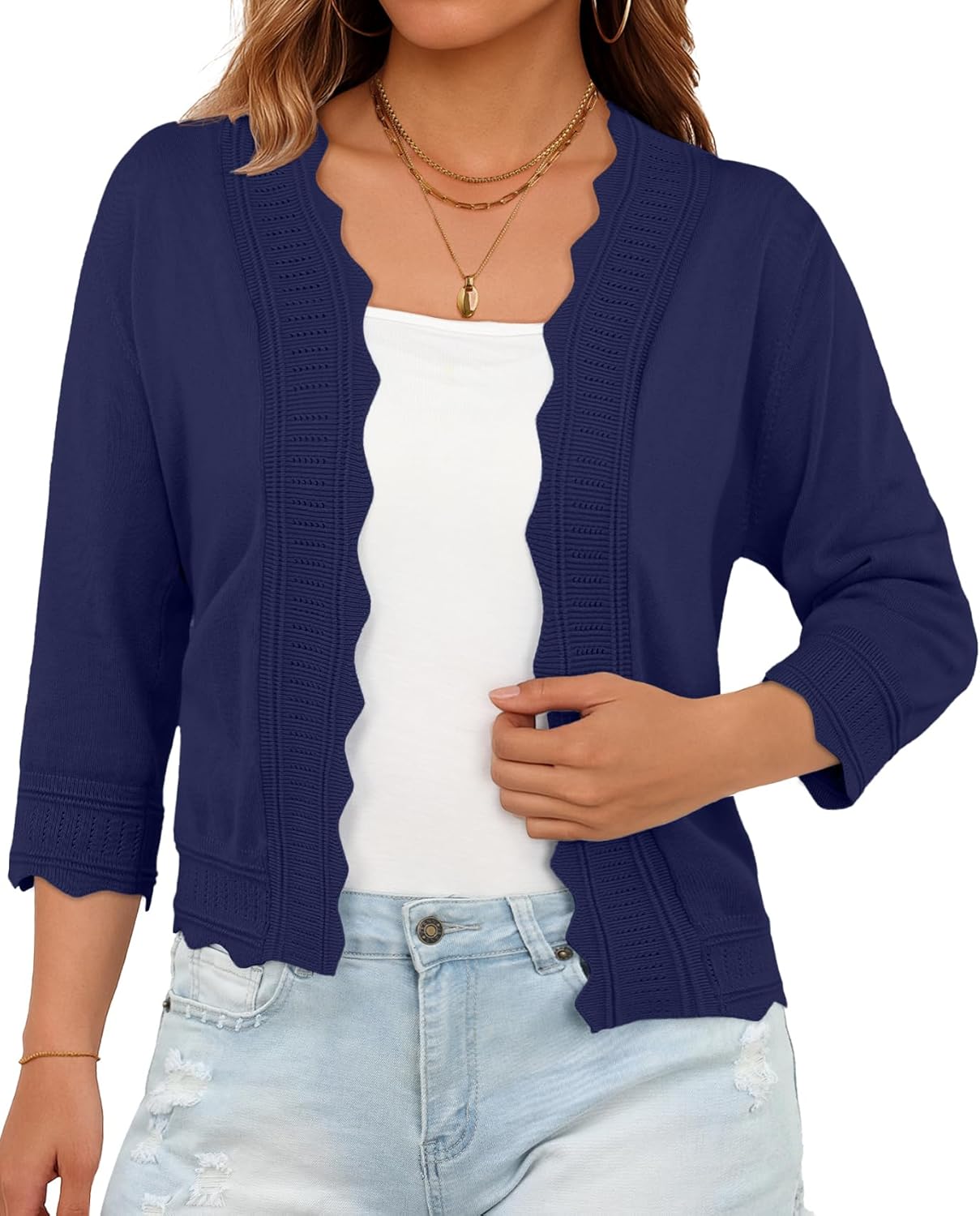 GRECERELLE Women Lightweight Summer Cardigan 3/4 Sleeve Open Front Scalloped Trim Knit Sweater Soft Cropped Bolero Shrug