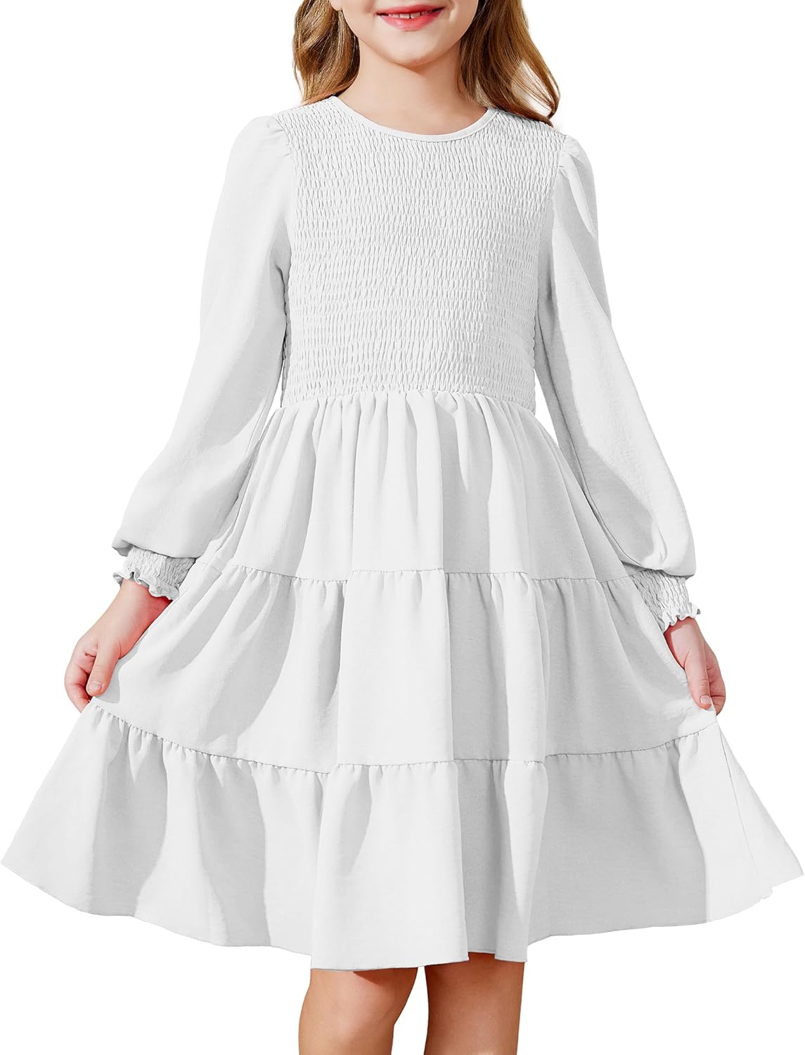 Arshiner Girls Dress Fall Boho Long Sleeve Shirred Smocked Tiered Party Dresses with Pockets