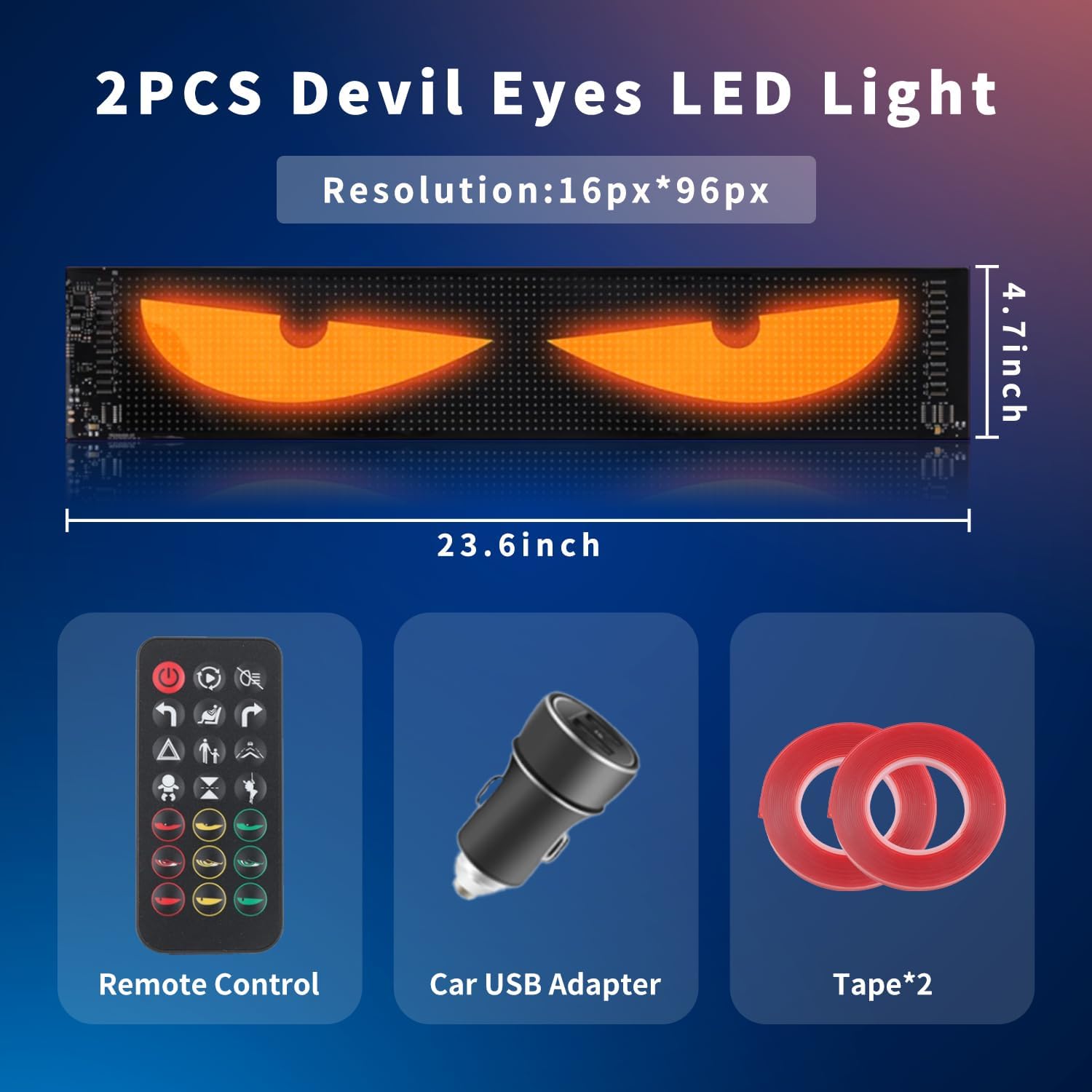 2PCS Devil Eyes LED Light for Car Windshield, 23.6"x4.73" Customizable App Control Animated Programmable Flex Display - IP68 Waterproof USB-Powered for Cars/Trucks/SUVs/Motorcycles image 2