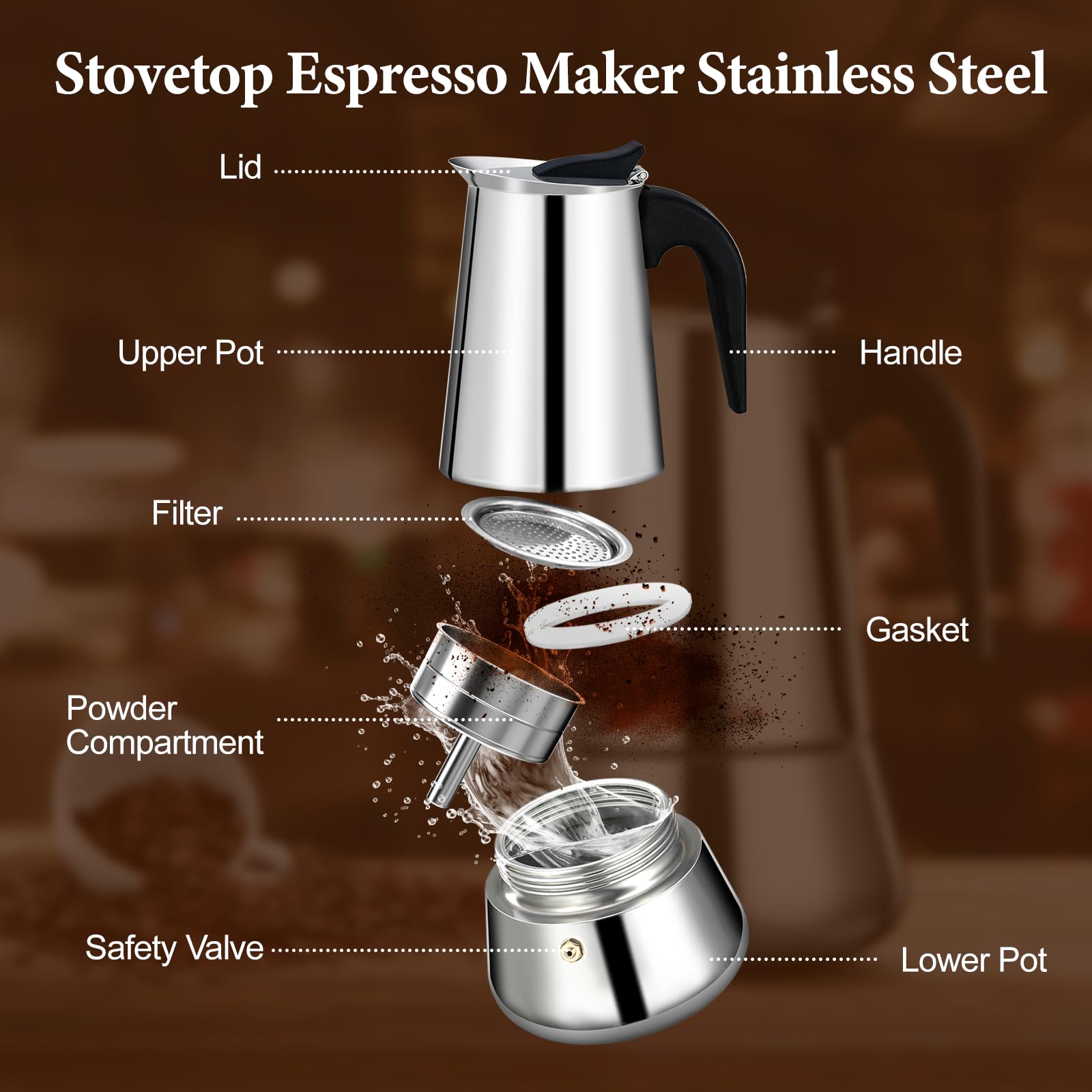 Cafetera italiana para 2 tazas, 100 ml, 3.5 onzas, cafetera espresso de acero inoxidable, cafetera clásica adecuada para cocinas de inducción, estufa de gas, estufa de alcohol, estufa