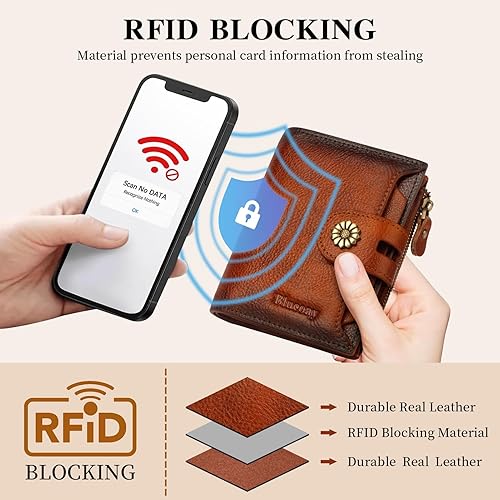 Miniatura 5 de Cartera de cuero con doble pliegue para mujer, bloqueo RFID, tarjetero compacto, cartera pequeña con ventana para identificación extraíble, A1-