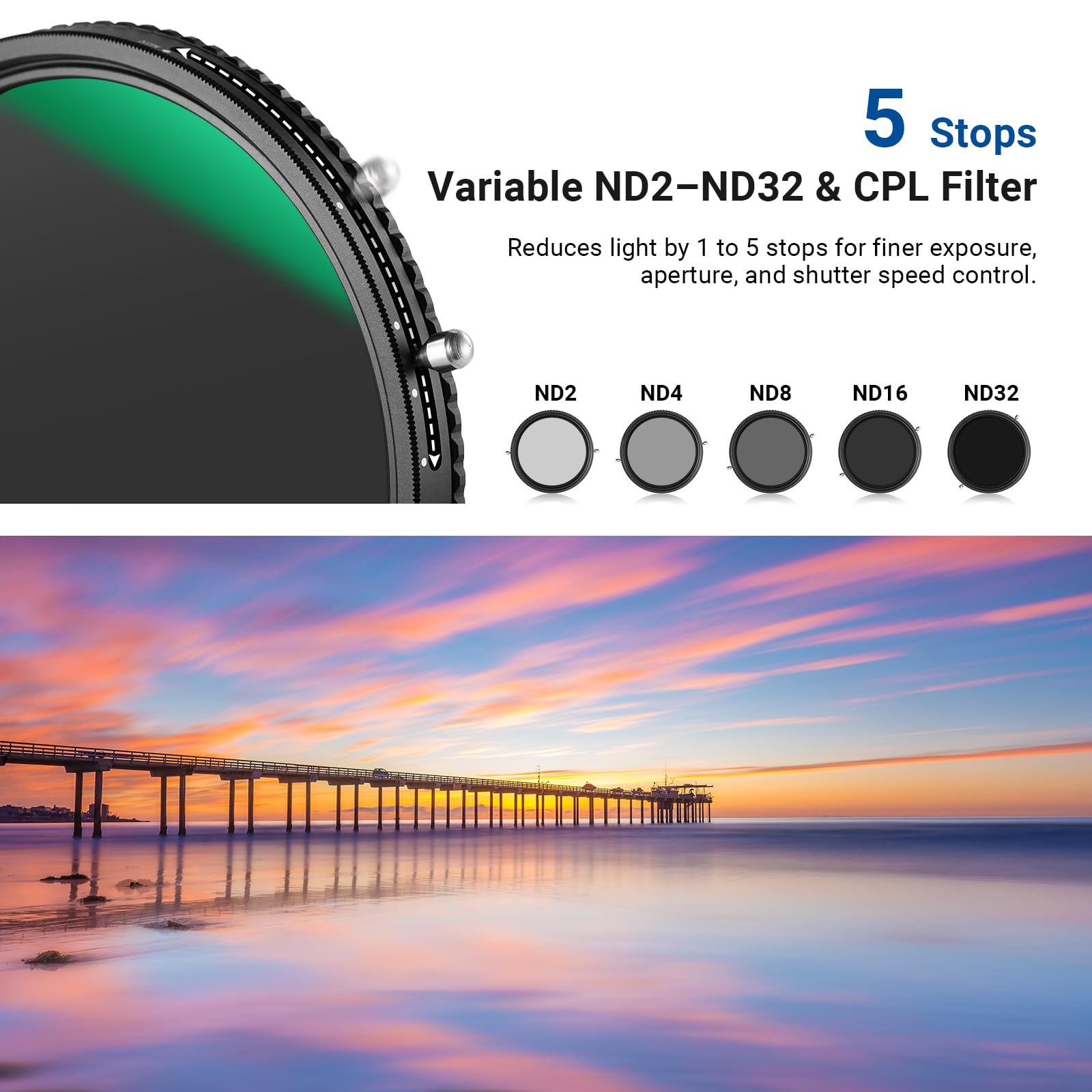 NEEWER 2 w 1 58 mm zmienny filtr ND ND2-ND32 i CPL (filtr polaryzacyjny) No X Cross zmienny szary filtr HD szkło optyczne 30-warstwowe nano, powlekane wodą, odporne na zarysowania