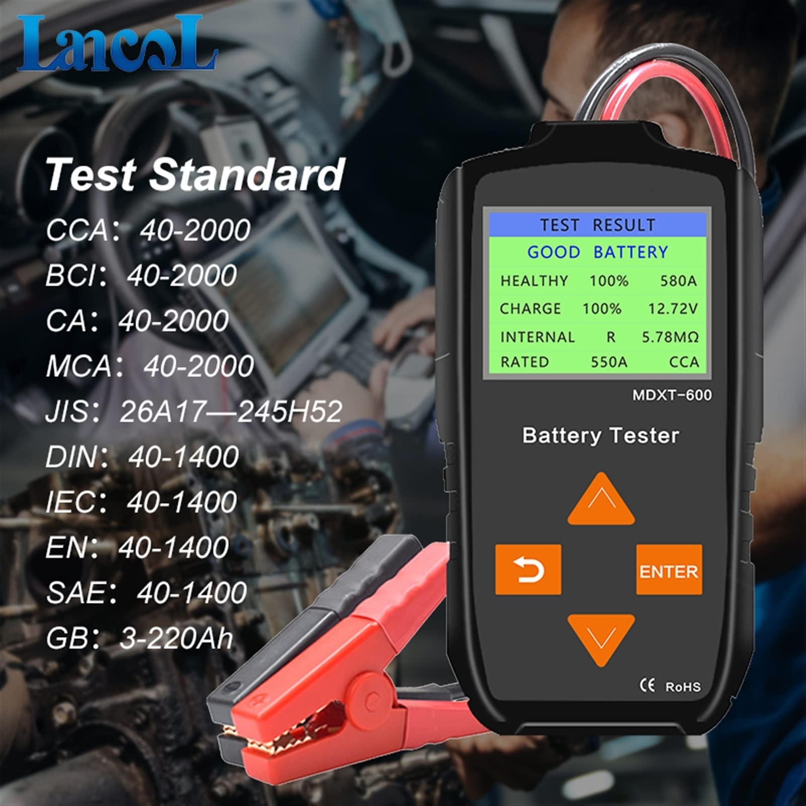 MDXT600 Tester akumulatora samochodowego 12V Testery wkładać kolorowe LCD ekran 40-2000 CCA. Alternator ładowania systemu i Cranking