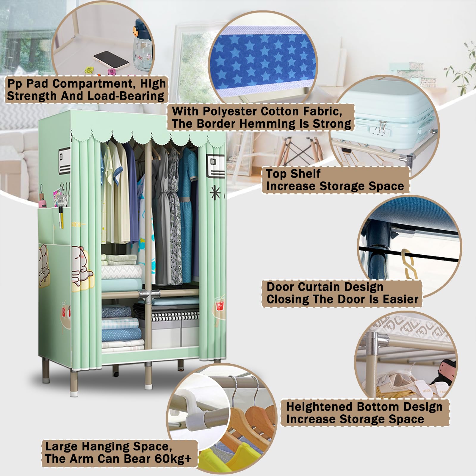 Canvas Kleiderschrank, Stoff-Kleideraufbewahrung mit Regalen und Kleiderstange, tragbarer Kleiderschrank mit Seitentaschen für Schlafzimmer und Wohnzimmer