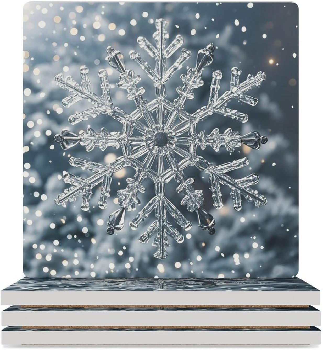 Transparent Snowflake Coasters Absorbent Ceramic Coasters for Drinks Coaster with Cork Backing for Table Protection Square Drink Cup Mat Modern Style Coaster for Coffee Table