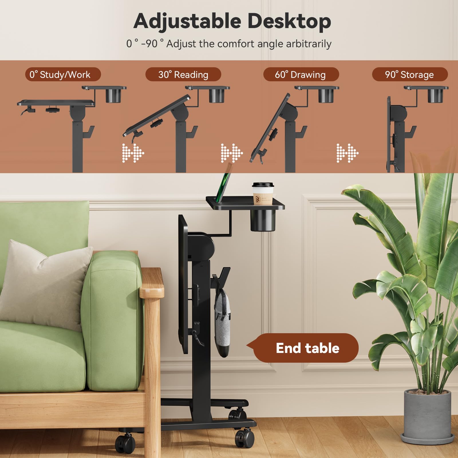 28Inch Rolling Standing Desk On Wheels Small Computer Workstation Adjustable Height Mobile Laptop Stand with Tiltable Desktop 2-Tier — view 6