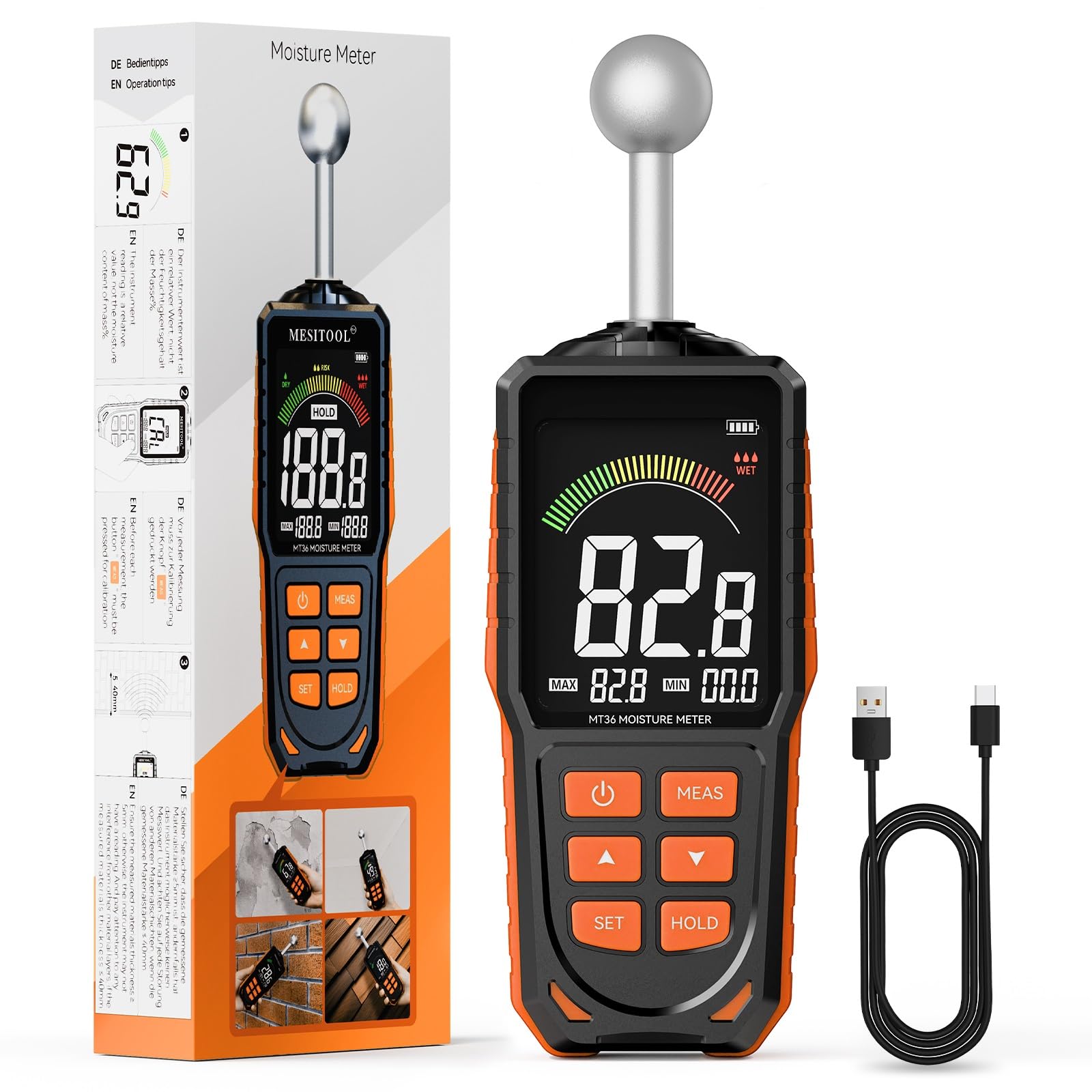 Humidimètre Mural avec Sonde Sphérique, Écran LCD Rétroéclairé, Alarme, Rechargeable USB, Profondeur 5-40 mm pour Bois, Murs et Béton