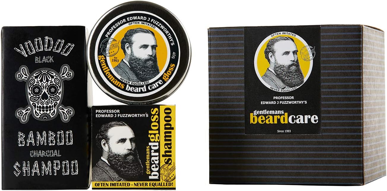 Professor Fuzzworthy Beard Care Kit Grooming Gift Set BEARD SHAMPOO Beard Gloss Voodoo Charcoal Shampoo Bar for Soft Hair & Beard | 100% Natural | Anti Itch & Conditioning | Made in Tasmania Australia