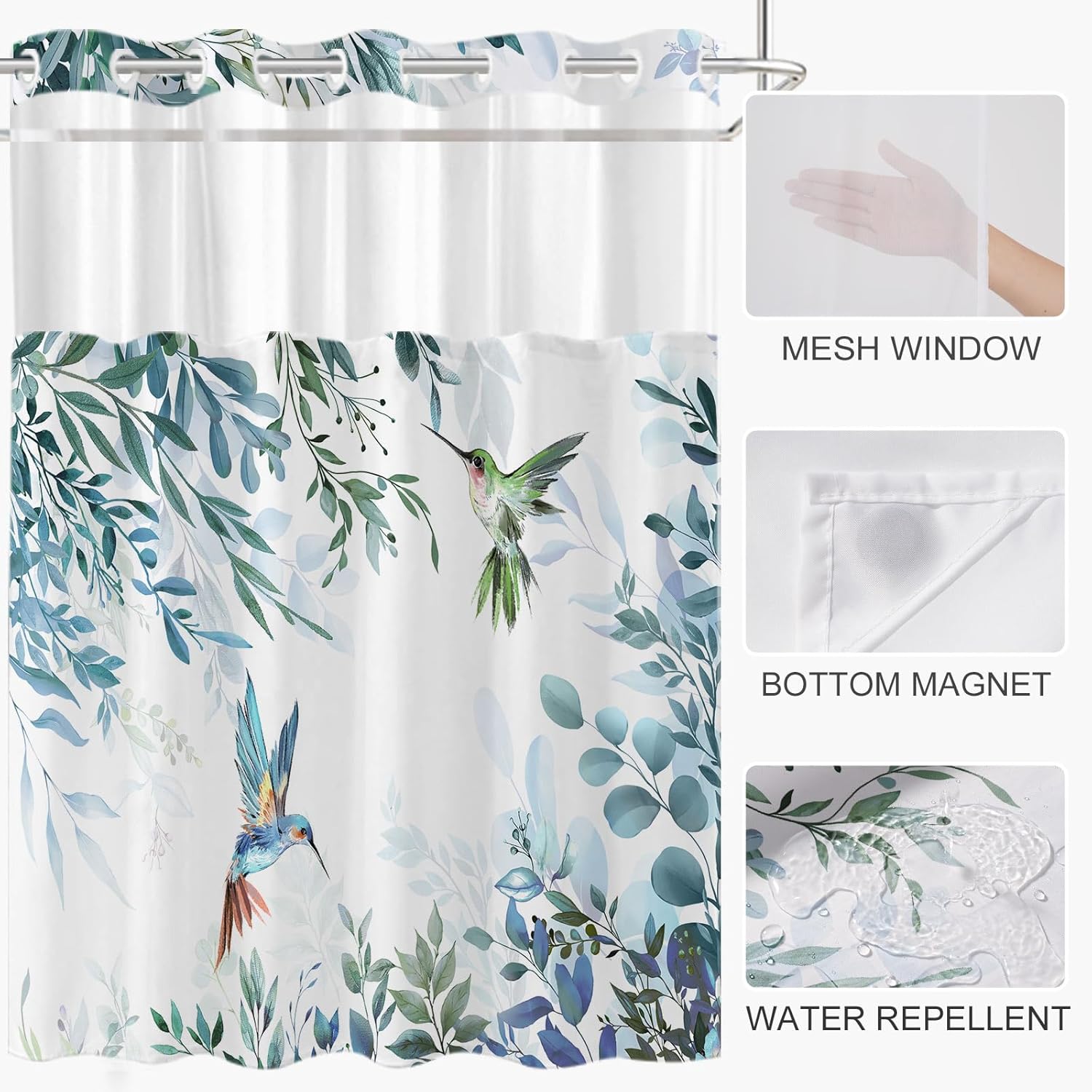 No Hook Shower Curtain with Snap in Liner Set, Blue Hummingbird Eucalyptus Design, Waterproof Fabric Floral Shower Curtains for Bathroom Decor with See Through Mesh Top Window 71x84 Inch