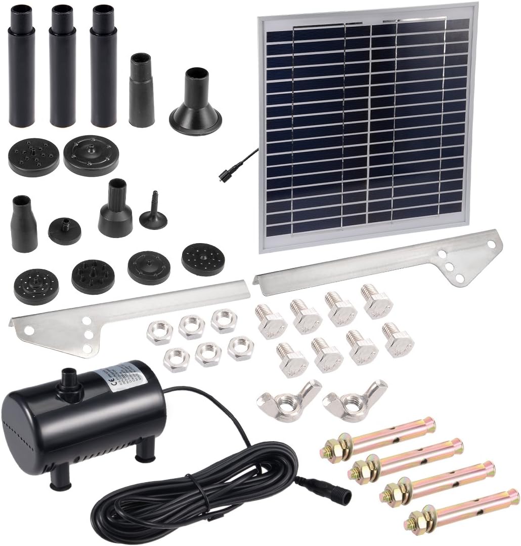 Solar Water Pump Kit 15W 3M/9.8ft Wire Length with 7 Sprinkler Heads,Submersible Solar Water Pump,Garden Fountain Pool Watering Pond Pump Pool Garden Patio Bird Bath with Separate Solar Panel