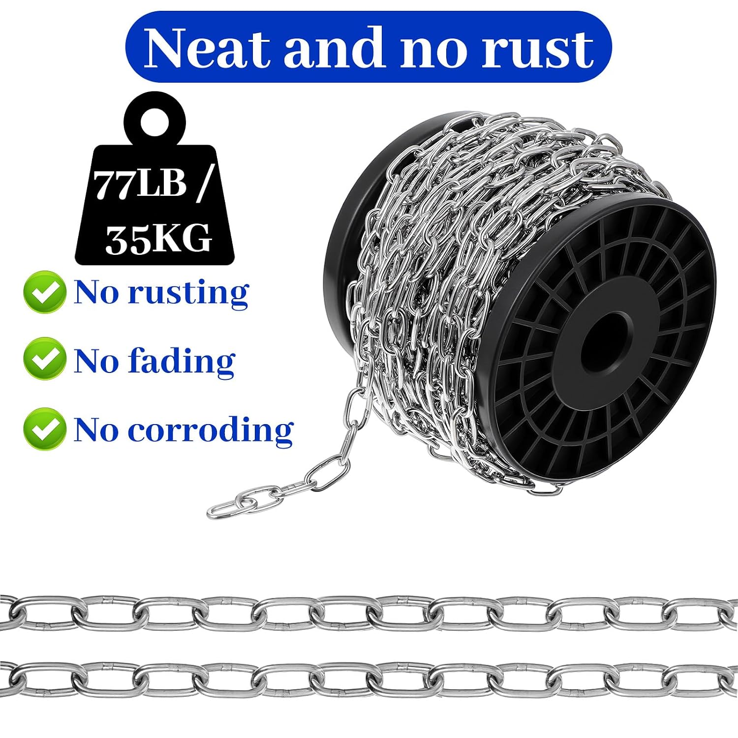 50ft Stainless Steel Hanging Chain Roll with Spool, 2mm Metal Chains Durable Rust-Resistant Jack Chain for Hanging Bird Feeders, Planters, Lanterns, Billboards and DIY Projects