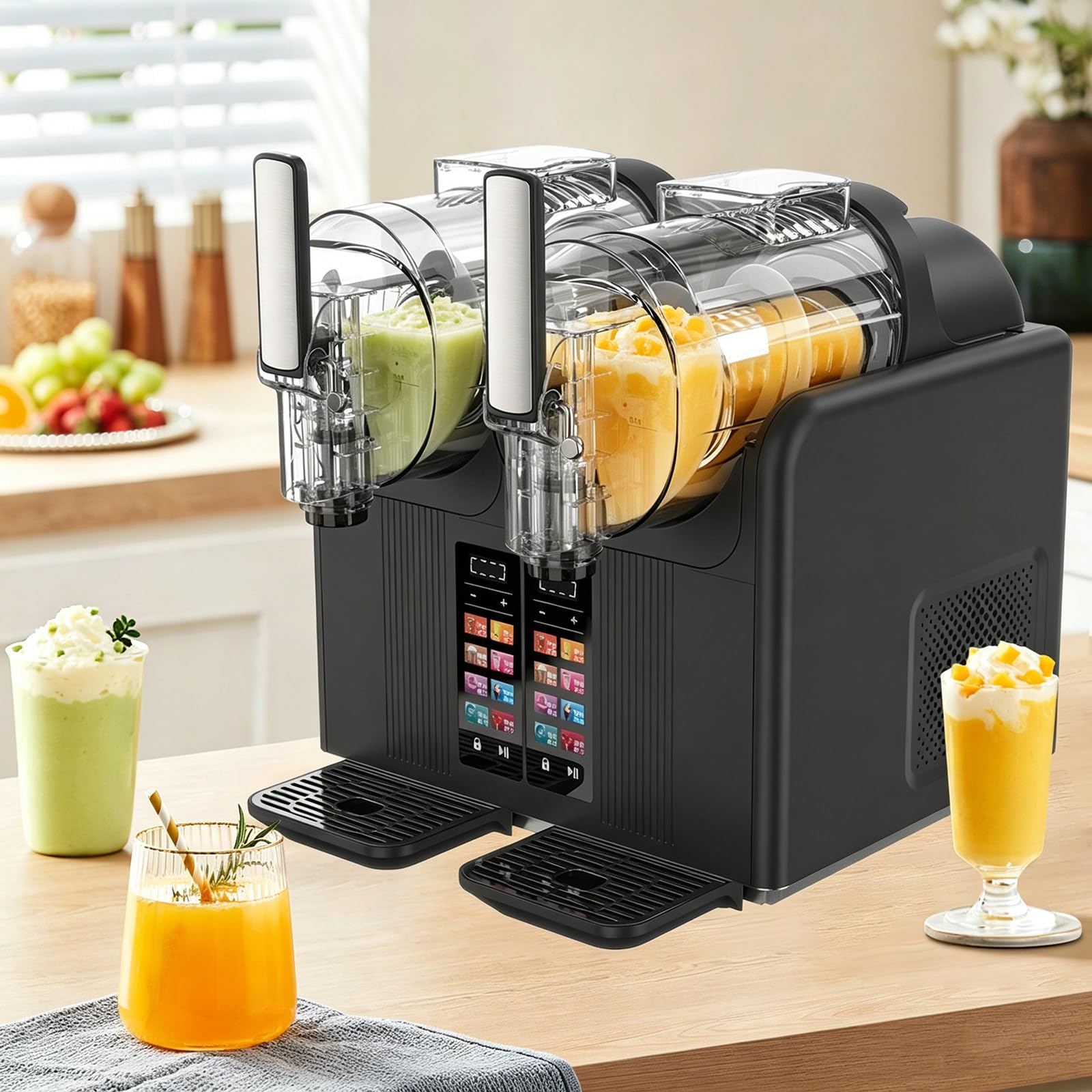 Machine à Granita sans Glace, 2 en 1 : Boissons Glacées Et Crème Glacée Molle, Auto-Refroidissante avec 7 Programmes Prédéfinis, Panneau Tactile Et Nettoyage Automatique Black-twincylinder