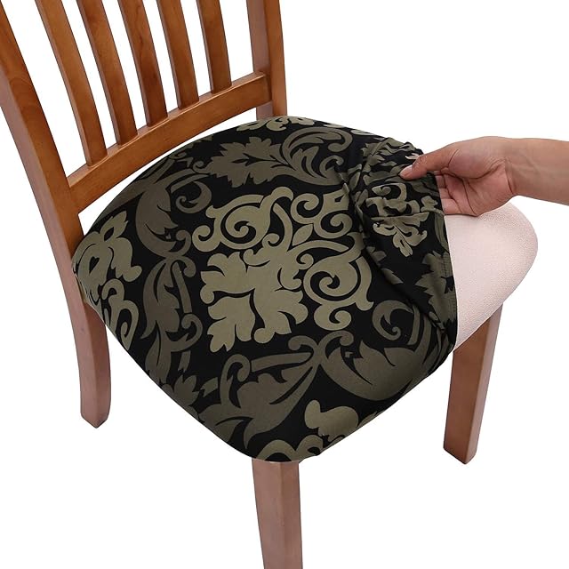 TEERFU Stretch Chair Seat Covers for Dining Room, Elastic Dining Chair Seat Protector Cover Removable Washable Chair Slipcovers with Ties, Set of 4