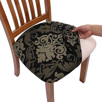 Stretch Chair Seat Covers for Dining Room, Elastic Dining Chair Seat Protector Cover Removable Washable Chair Slipcovers with Ties, Set of 4