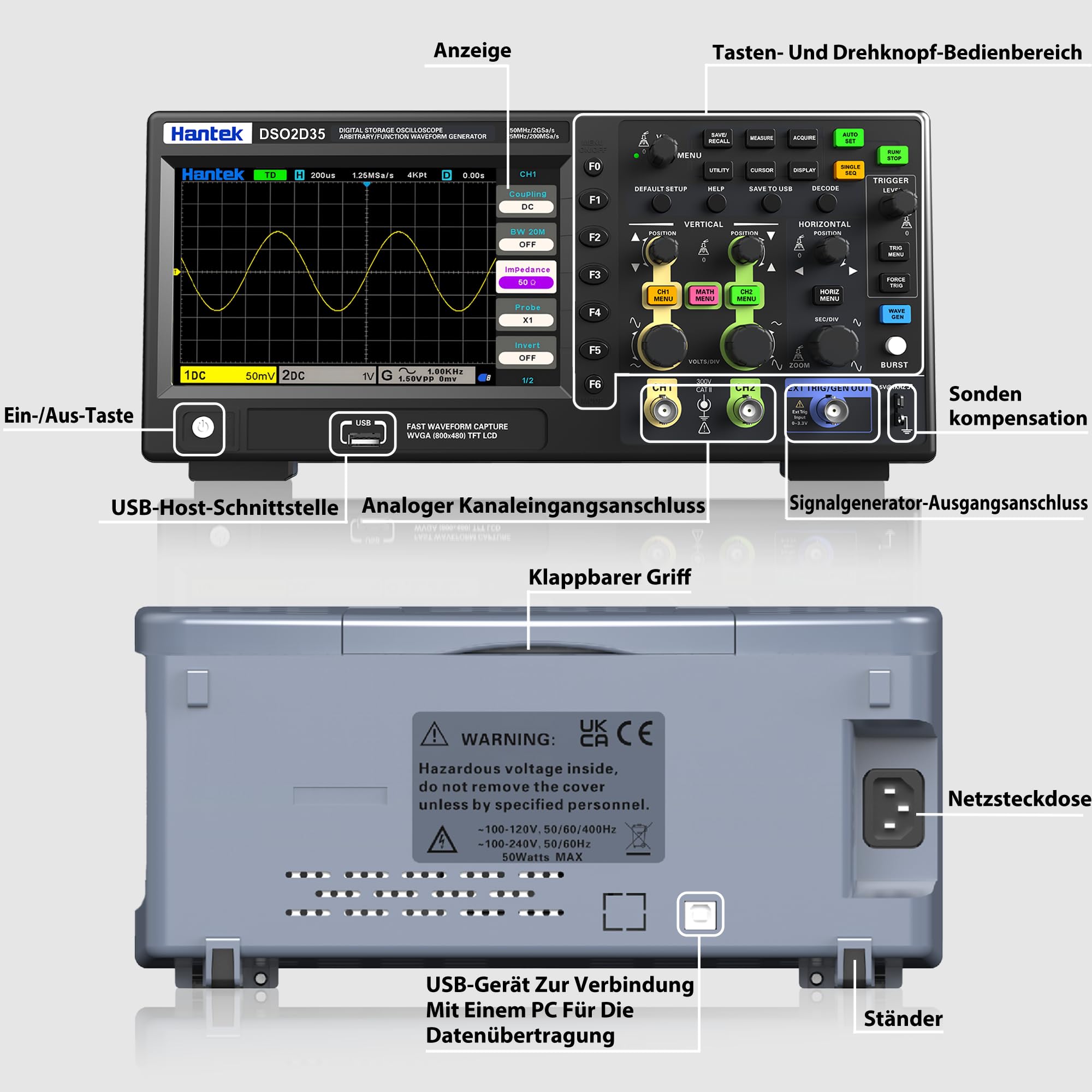 Hantek Oszilloskop, 2 Kanal 350 MHz Oszilloskop mit 2 GS/s Abtastrate, 1 CH Waveformgenerator, Ideal für Ingenieure, Hobbyanwender, Diagnose, Tests und Reparaturen (Hantek DSO2D35/350MHz)