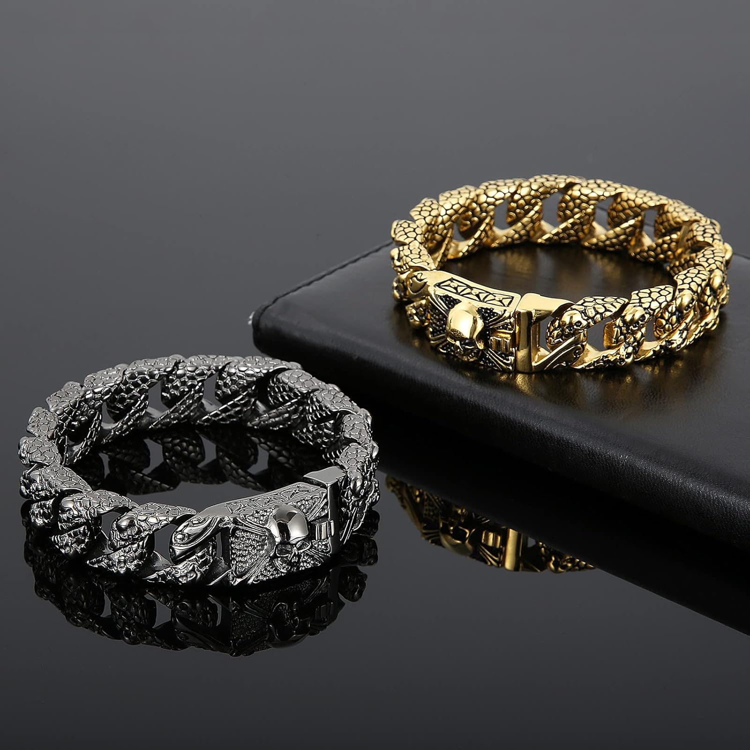 Men's Gothic Skull Curb Link Chain Bracelet - Stainless Steel Punk Rock Bracelet for Men, Gothic Jewelry, Unique Gifts for Men, Adjustable Skull Bracelets, Gift for Him, Ideal for Father's Day - Image 5