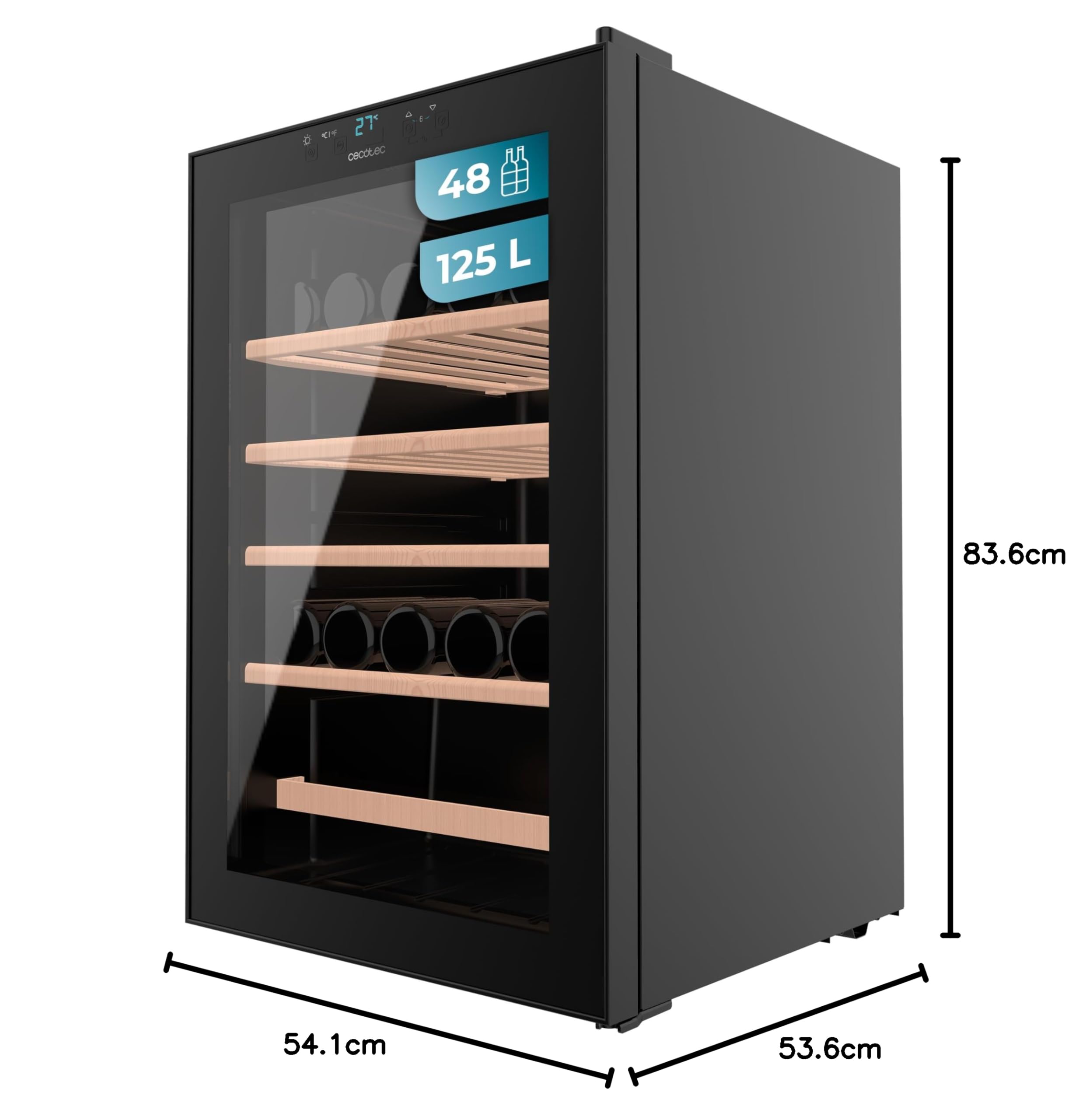 Cecotec Cantinetta Vino Bolero GrandSommelier 4850 Black Compressor. 49 Bottiglie, Silenziosa 42dB, Temperatura 4-18ºC, Pannello Touch, LED Interno, Eco-Friendly, Design Elegante e Moderno