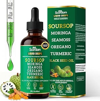 Soursop Bitters Liquid Drops 10-in-1 with Sea Moss, Turmeric, Moringa, Black Seed Oil, Oregano, Ashwagandha & Herbal Extracts - Supports Overall Wellness, Vegan, 60mL/2 Fl Oz