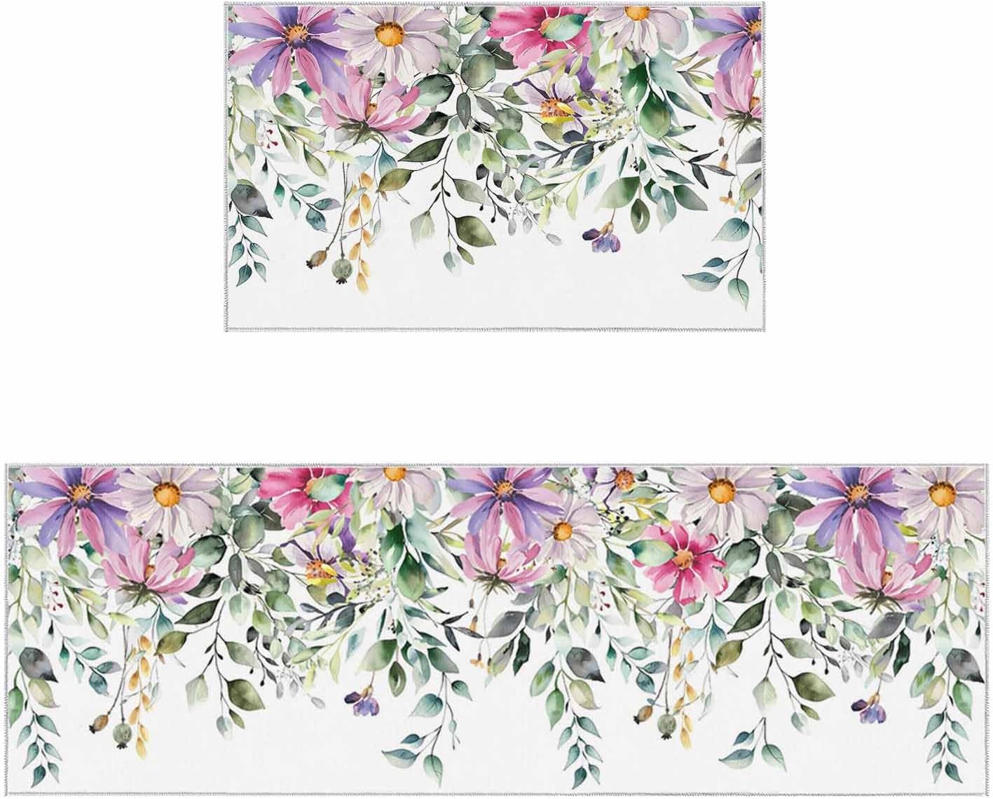 2 Pieces Kitchen Rugs and Mats,Summer Watercolor Daisy Eucalyptus Leaf Area Runner Rug Set Non Slip Floor Doormat Washable Carpet Standing Mat for Kitchen Sink Indoor Corridor,Rustic Farmhouse Flower