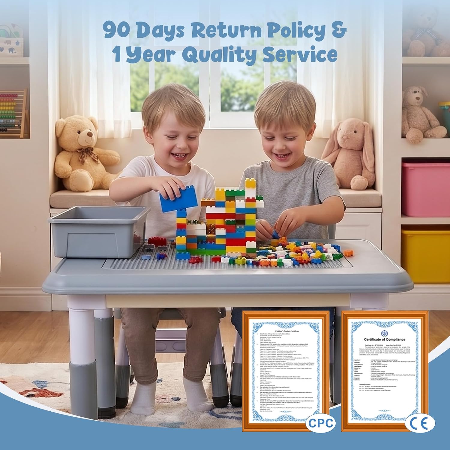 FUNLIO Kids Activity Table & 2Chairs Set, Adjustable Heights, Storage, Grey