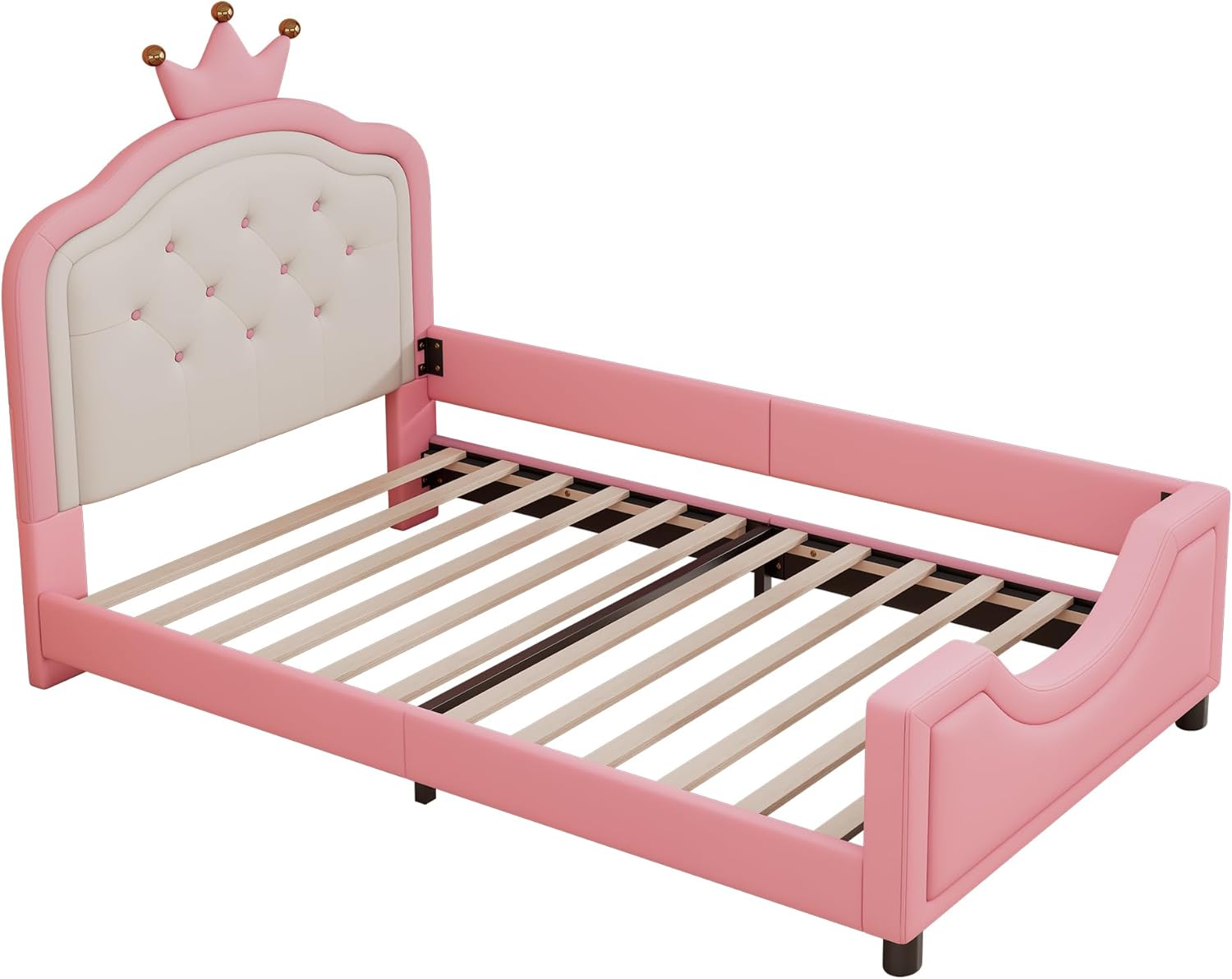 Twin Size PU Leather Upholstered Platform Bed, Low Profile Bed Frame with Button Tufted Crown Headboard, No Box Spring Needed, Pink