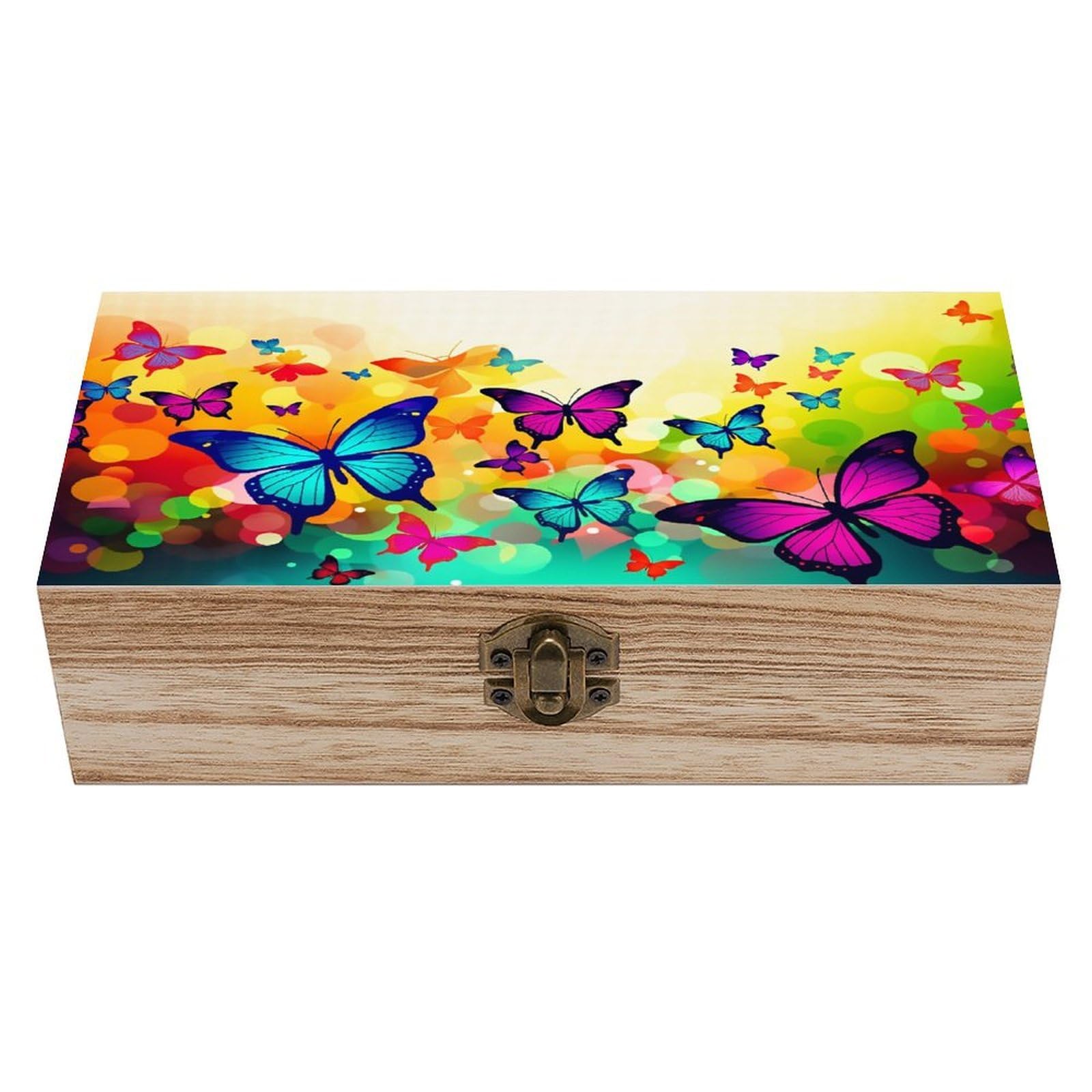 HLBSDM Colorful Butterflies Vibrant Vintage Wooden Keepsake Box with Hinged Lid And Locking Clasp, Decorative Storage Box for Jewelry, Trinkets And Small Accessories, Organizer for Home Or Wedding