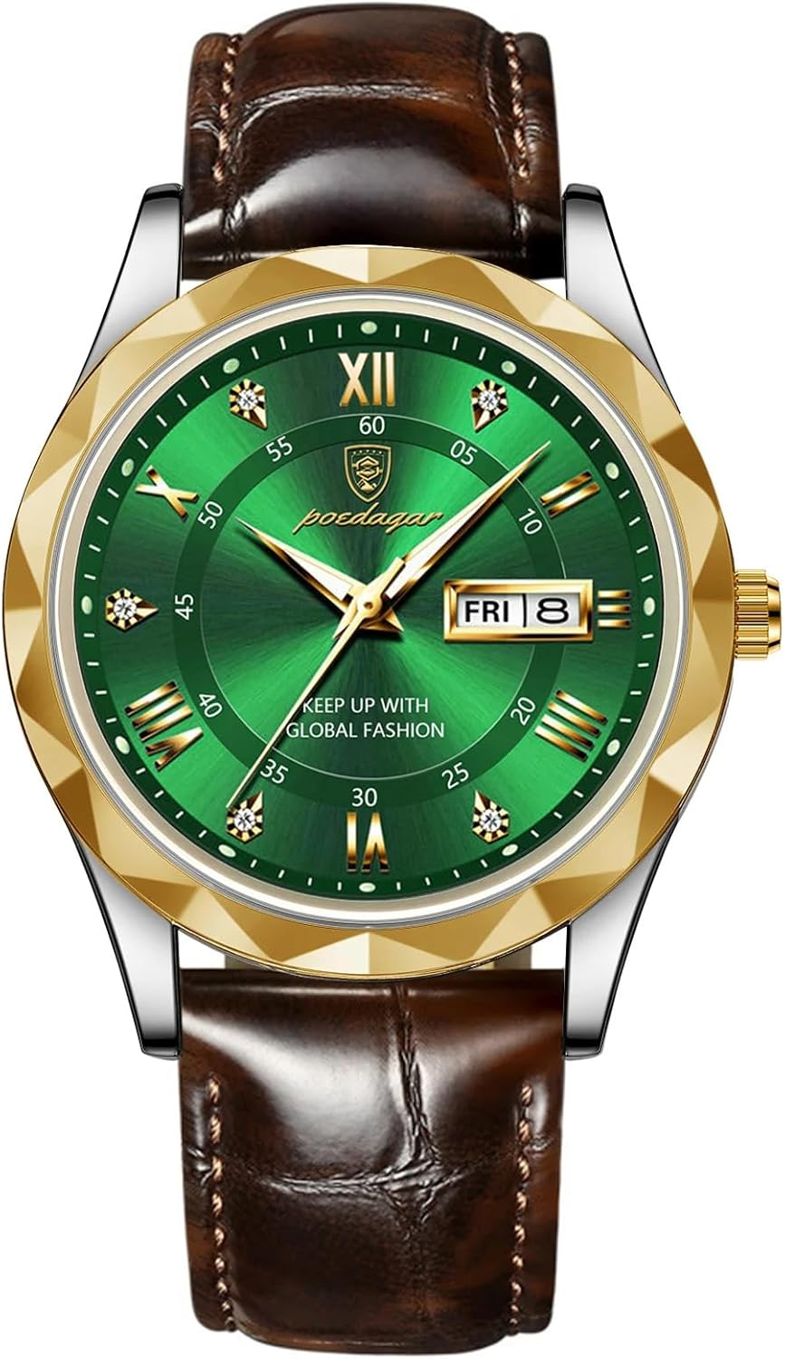 Gosasa Fashion Men’s Business Casual Quartz Luminous Waterproof Date Wristwatch with Leather Strap