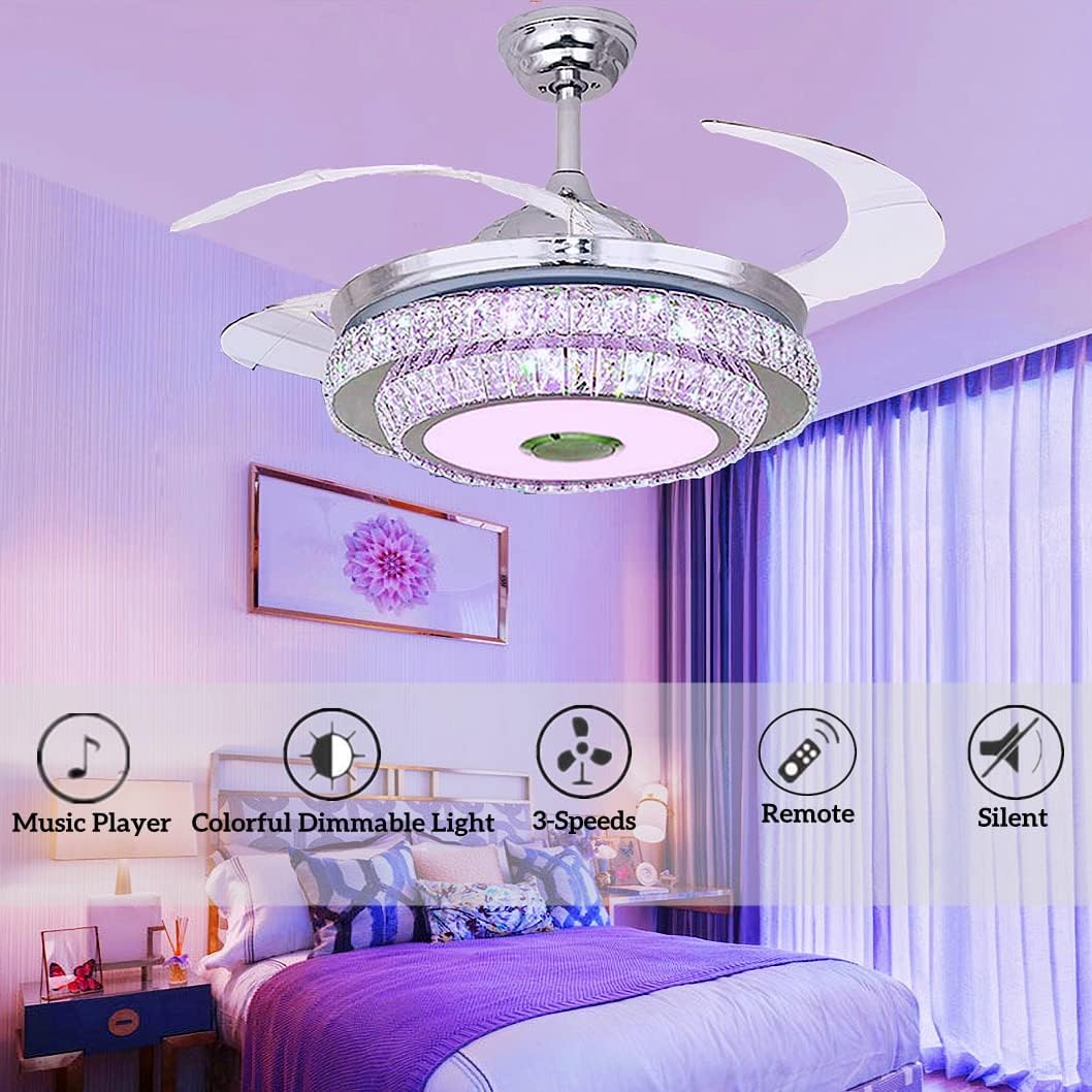 42in Bluetooth Ceiling Fan with Light and Remote, Retractable Blades Crystal Fandelier Music Player LED Chandelier with Bluetooth Speaker 7 Color Dimmable 3 Speeds Silent Fan Lighting