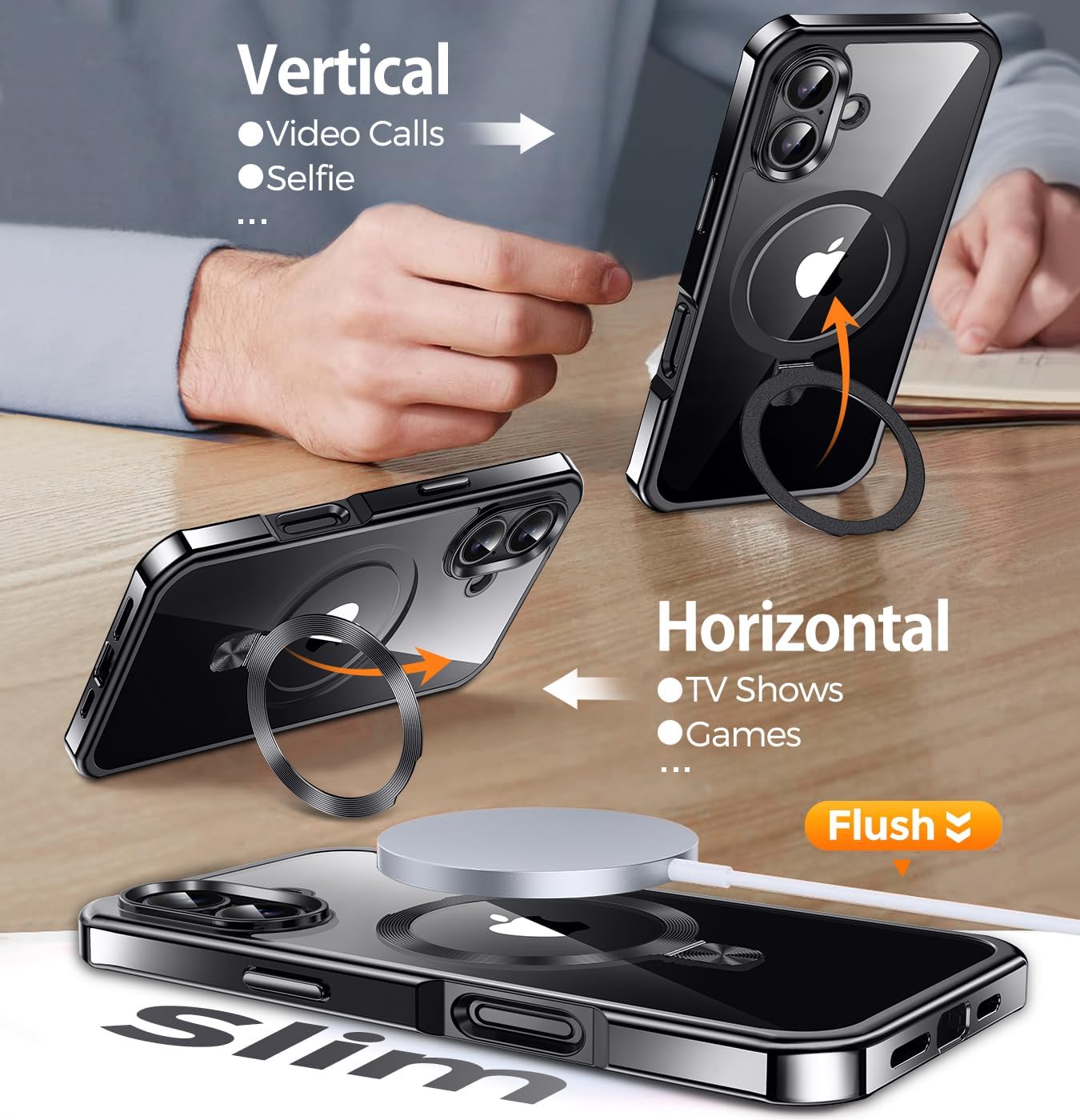 Reukdnv [CD Metal Ring Stand + Built-in Privacy Screen Protector] Magnetic Case for iPhone 16 6.3" [Soft Bumper Full Signal] [Compatible with MagSafe] 9H Glass Full Body Shockproof Clear Case, Black - Image 3