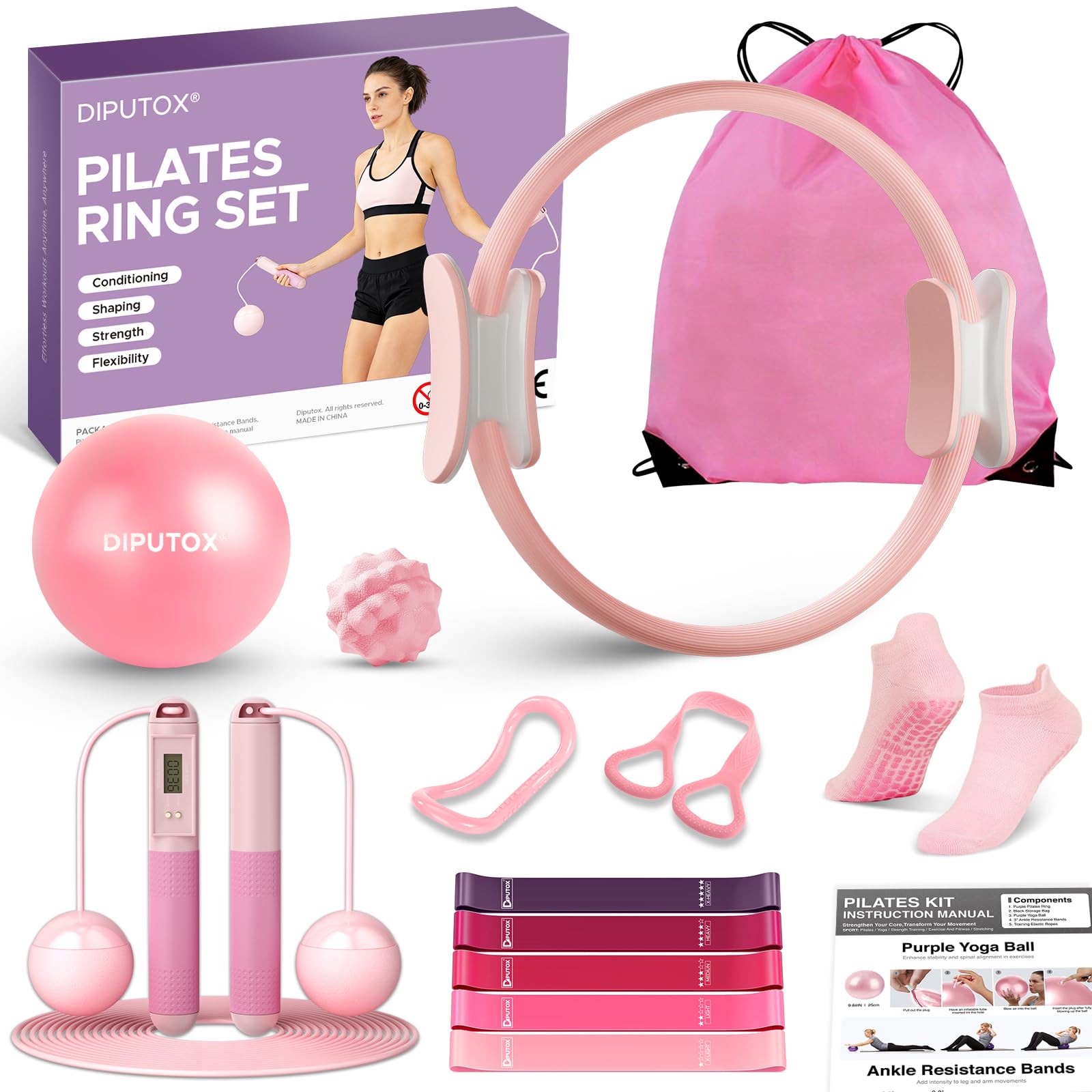 Pilates Ring Kit for Women, Pilates Equipment Accessories, Home Workout Set with Magic Circle, Mini Exercise Ball, Ankle Resistance Bands & Yoga Socks, for Fitness, Toning & Better Me Gifts