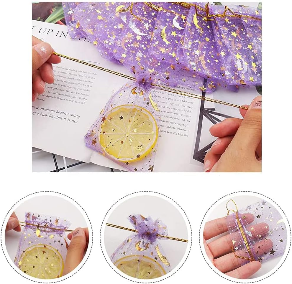 100 Pcs Sheer Organza Bags with Drawstring Gold Star Moon Print Gift Jewelry Pouches for Wedding Party Christmas Favor Gift Sachet Bags (7x9cm/2 x3) image 5