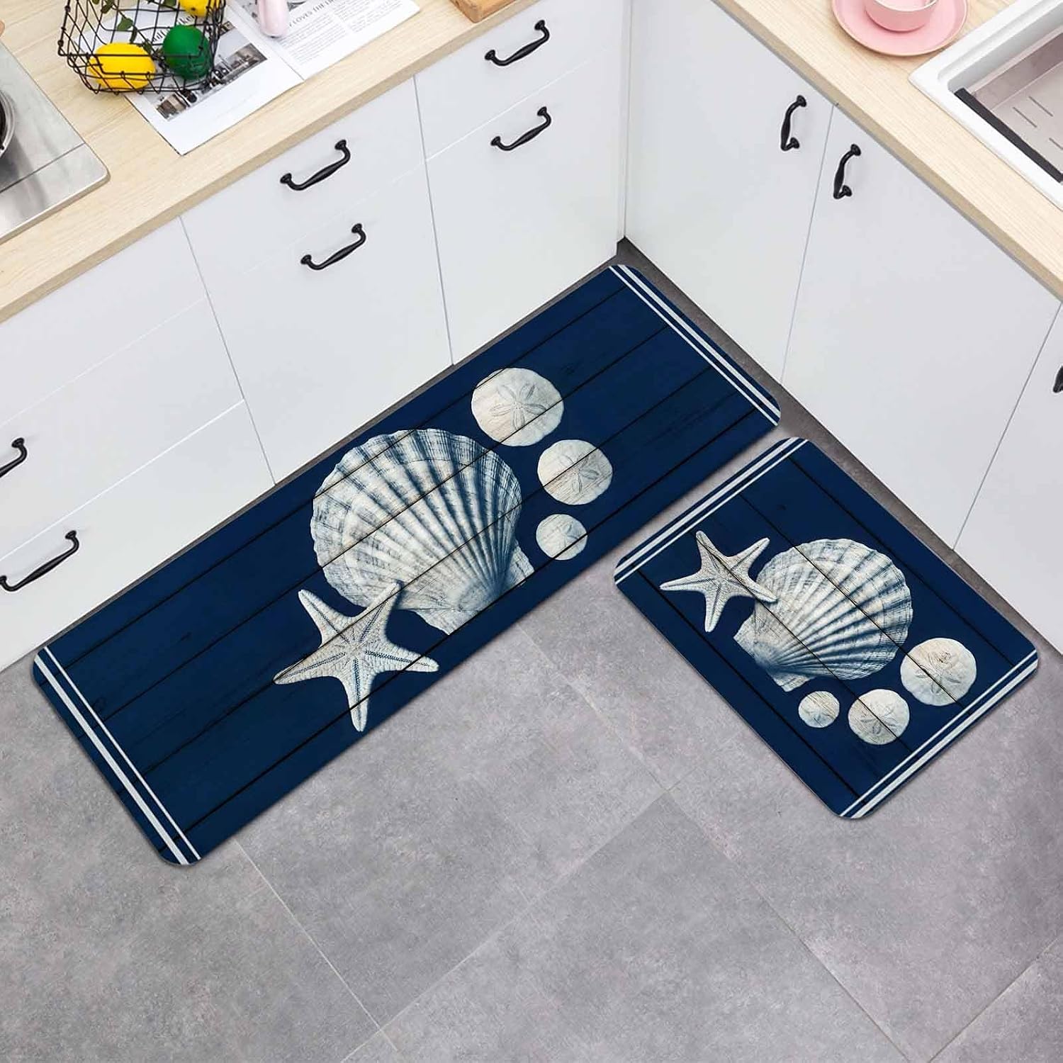 Marine Life Kitchen Mat Set 2 Pieces Shell Starfish Dark Blue Wood Striped Ocean Vintage Non Slip Kitchen Rugs Washable Runner Rug Mats for Floor Sink Laundry Office 19.7" x 31.5"+19.7" x 47.2"