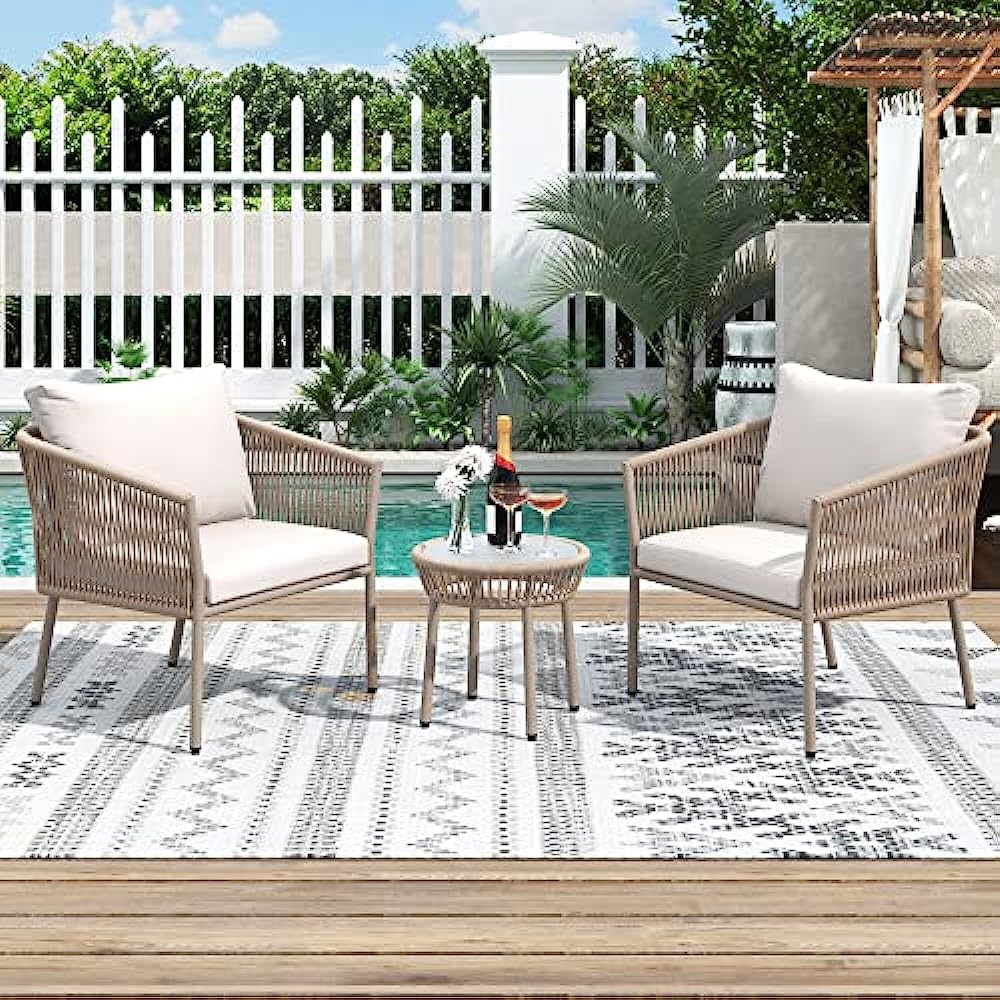 City Outdoor 3 Piece Patio Rope Bistro Set Outdoor Indoor Woven Rope Conversation Balcony Furniture Set with Glass Top Table and Cushion Chairs for Garden with Metal Powder Coated (Modern, CO3)