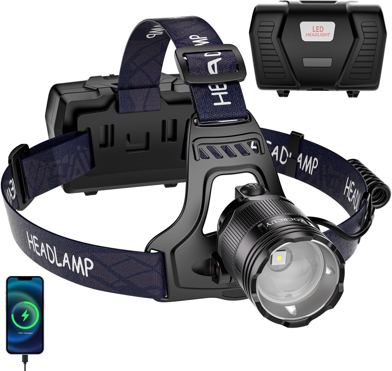Headlamp Rechargeable High Lumen LED Super Bright, 90°Adjustable Head Lights for Forehead with 3 Modes, Waterproof High Power head flashlight for Adults Camping Fishing Hunting Hiking Running Hard Hat