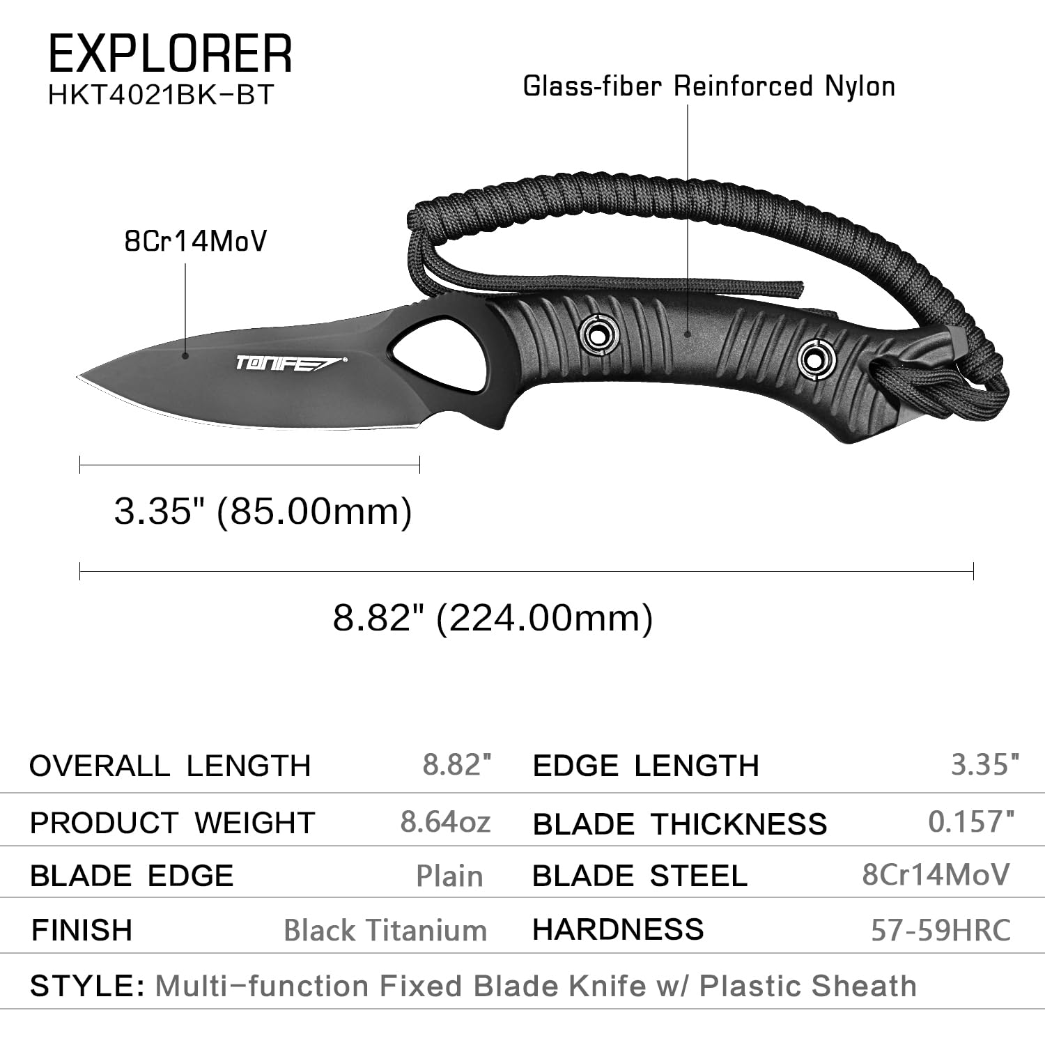TONIFE Explorer Couteau à Lame Fixe avec Gaine 8cr14mov Lame Couteau de Survie Multifonctionnel Manche en Nylon Renforcé de Fibre de Verre pour Couteau EDC Extérieur(Noir+Noir Titane)