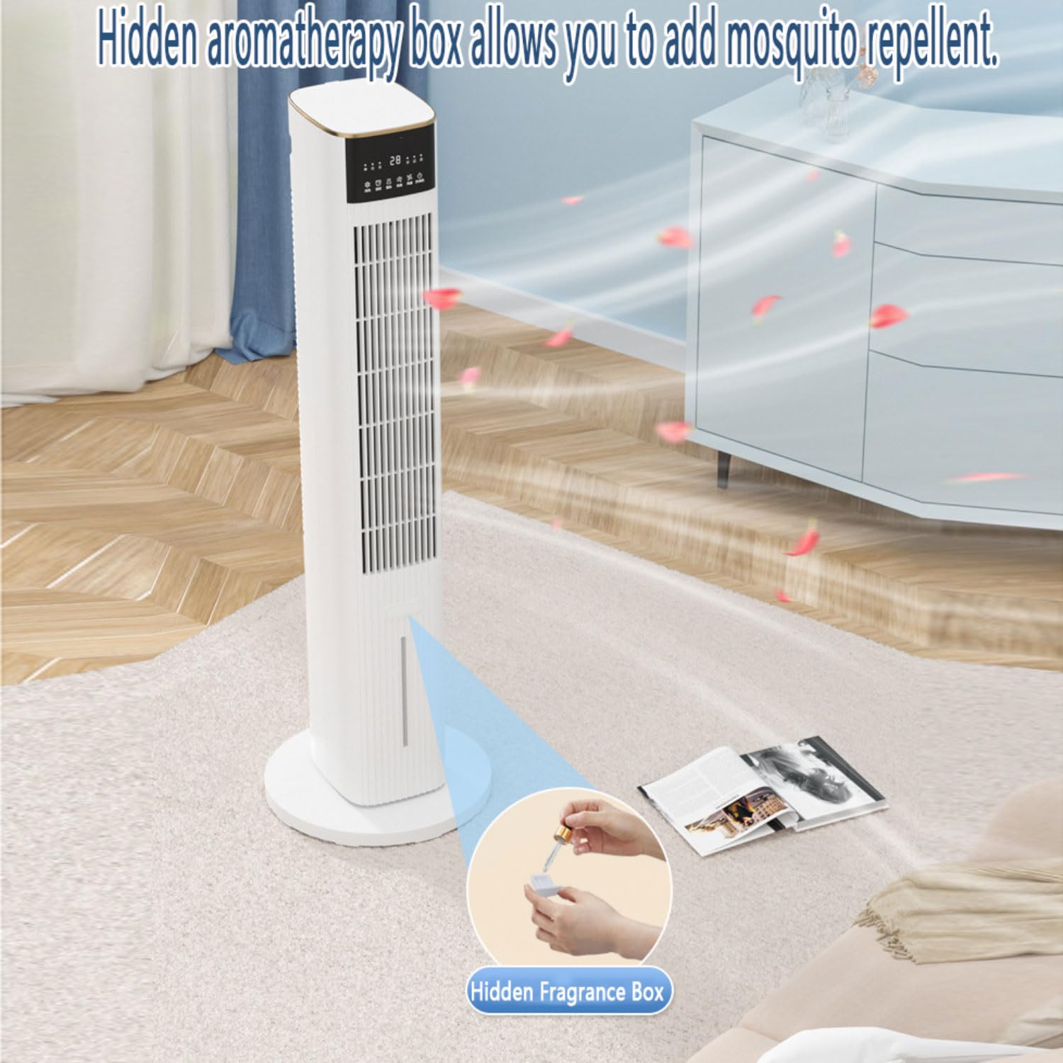 Tower - Ventola di raffreddamento per camera da letto, condizionatore d'aria portatile evaporativo, oscillante a 80° e design rimovibile e lavabile, 3 velocità, 28 dB, silenzioso, per la casa, bianco