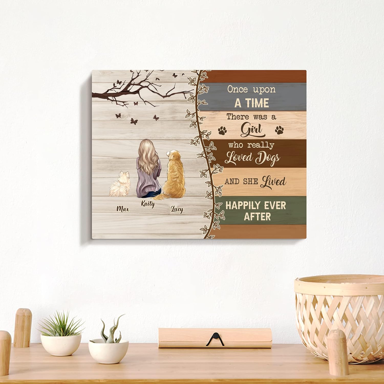 GOSSBY Personalized Custom Canvas (Girl and 2 Dogs) Once upon a time There was a girl who really loved dogs And she lived happily ever after Dog Loss Sympathy Canvas Pet Memorial Dog Remembrance Gift,