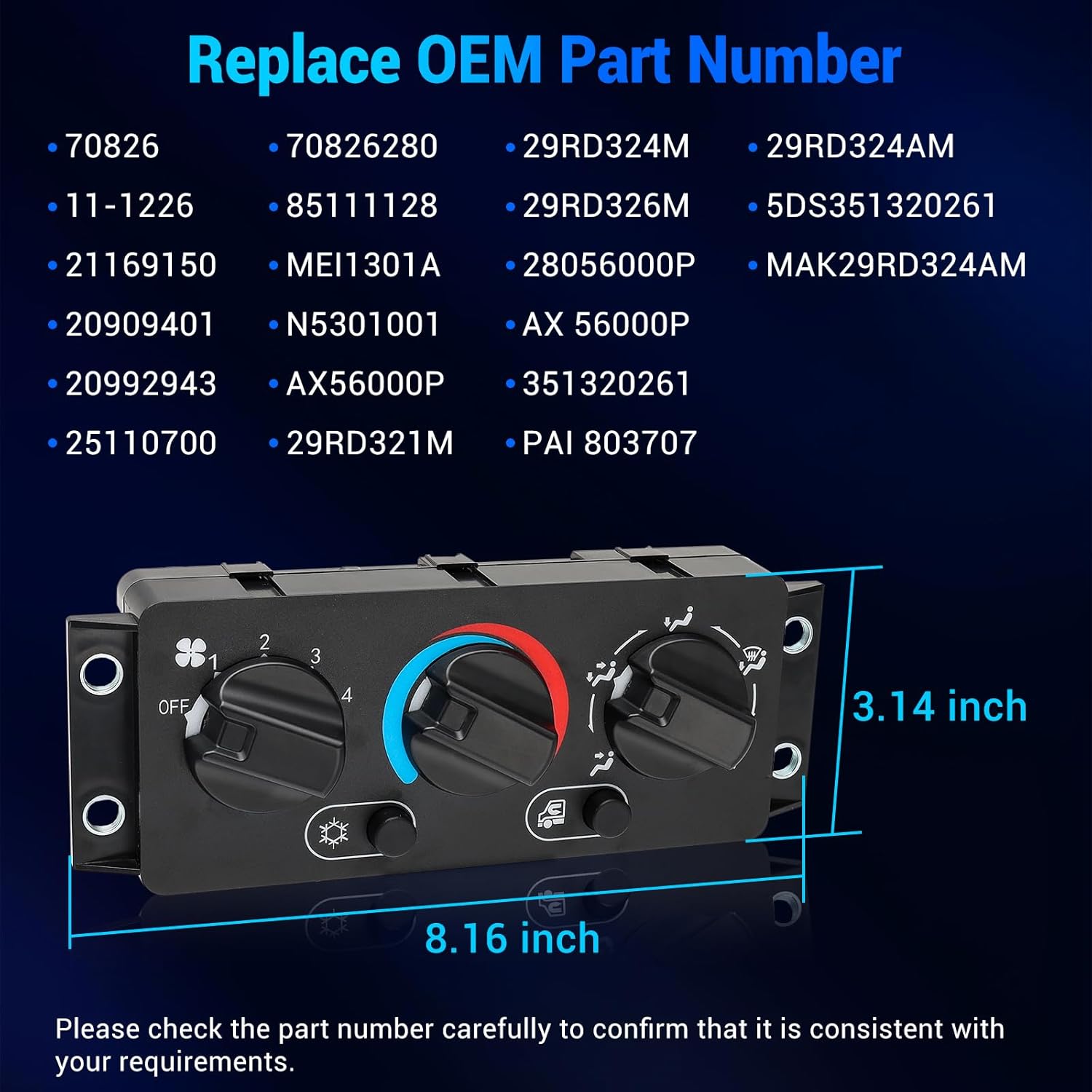 Climate Control Module Switch 70826280, Tempeature Control Panel Compatible for Mack CHU612 CHU613 CHU614 CXU612 CXU613 CXU614, Replacement for 25110700 21169150 MAK29RD324AM