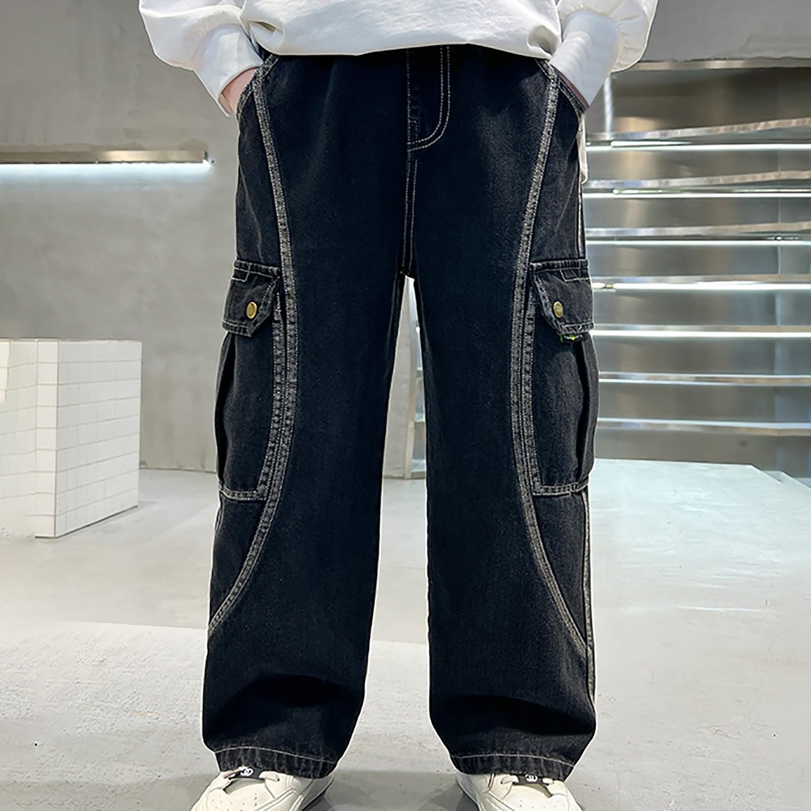 Genérico Vaqueros Niño 4-14 Años Baggy Pantalon Vaquero Adolescentes Chico Cintura Elastica Rectos Moda Y2K Streetwear Jeans Pantalones Vaqueros de Trabajo Denim Loose Primavera 2026