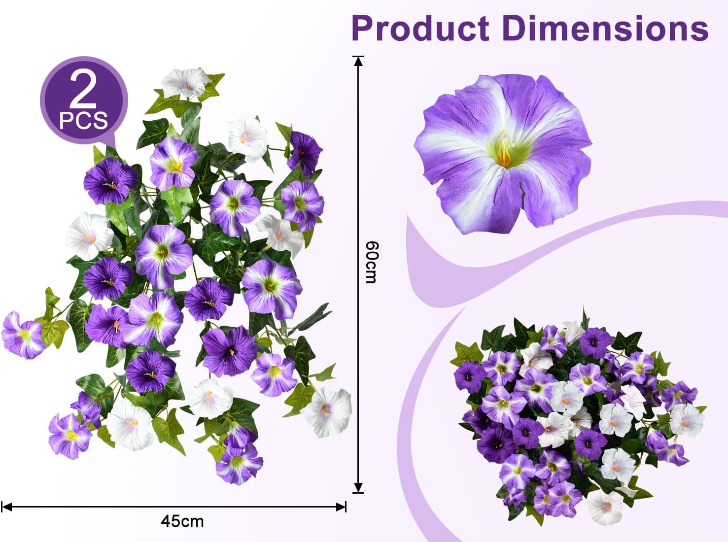 Artificial Petunia Flowers for Outdoors, 2 PCS Faux Silk Flowers for Outdoor Planters, UV Resistant Real Touch Artificial Outdoor Flowers for Porch Front Door Balcony Patio Decor(Purple White)