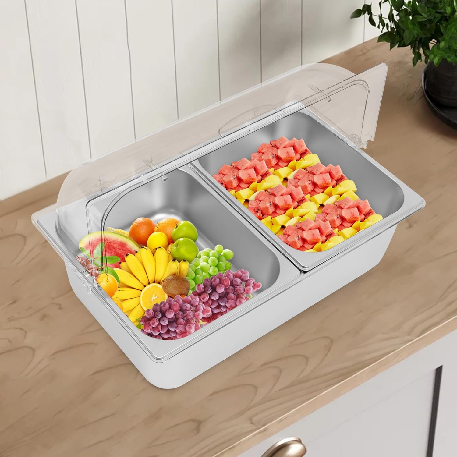 Serving Container, Food Serving Container, Buffet Tray Cold Platter, Ice Food Serving Display Tray Container W/Lid 2 Clamps 2 Spoons 3 Ice Boxes, Cooling Food Dishes, for Restaurant Hotel Kitchen