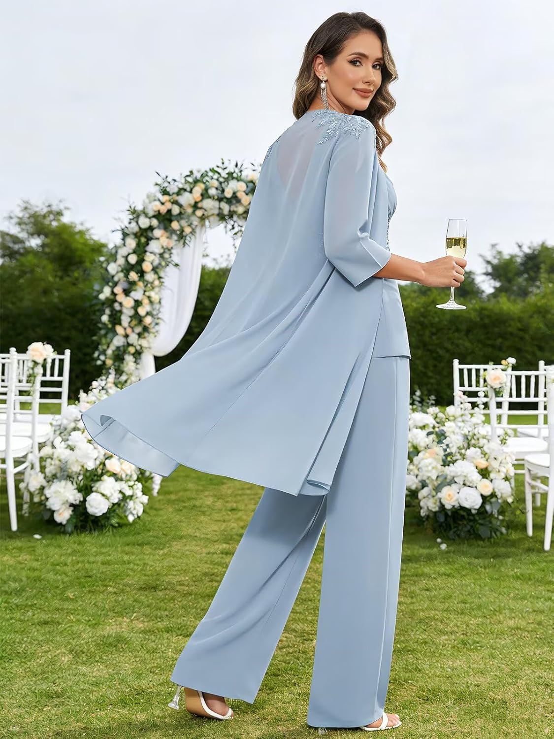 Damen 3-Teiliges Chiffon Hosenanzug Festlich Elegant Mutter Der Braut Hochzeitsoutfit Brautmutter Hosenanzüge Hosen Set Mit Jacke Für Hochzeit